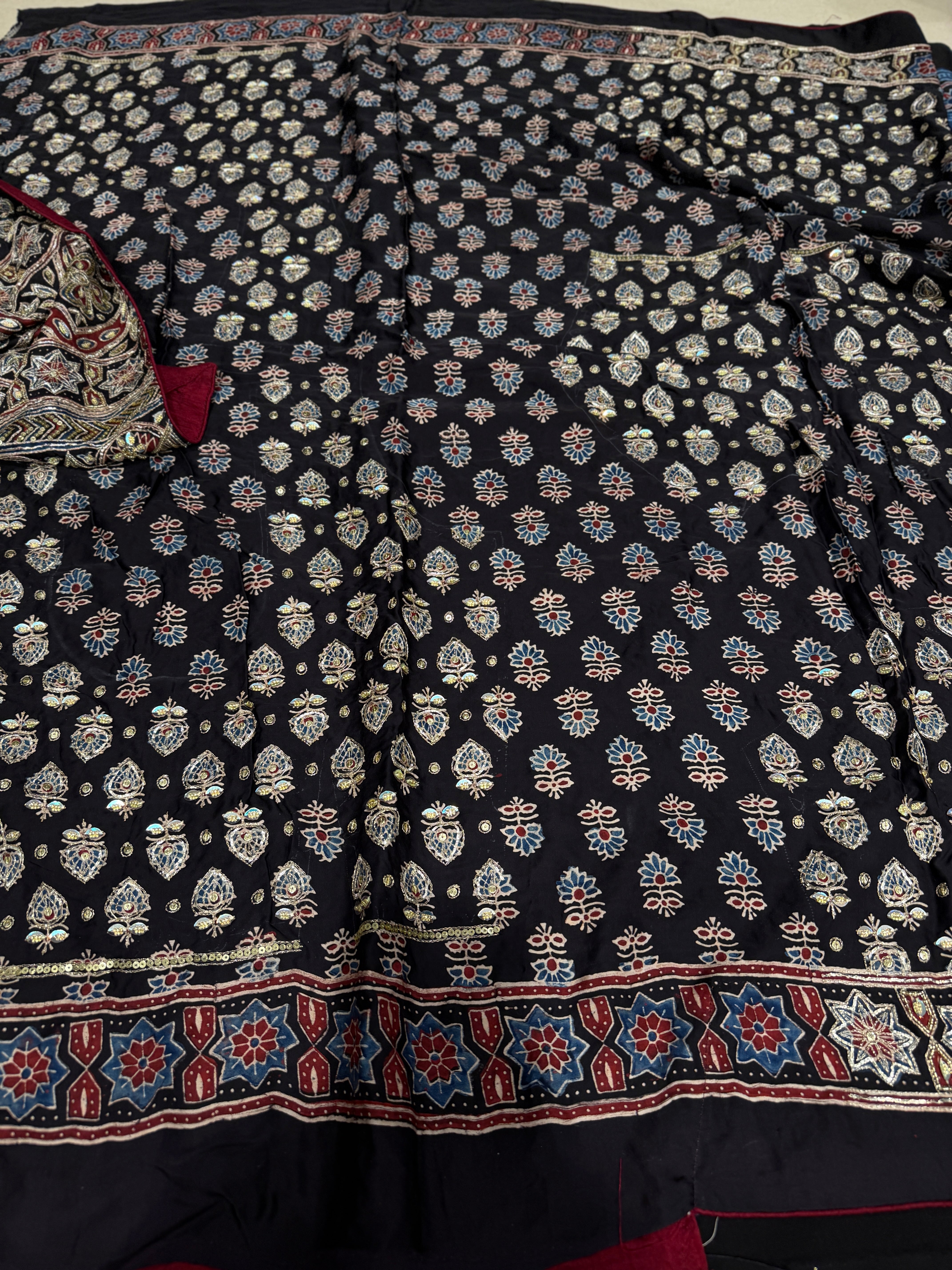 Blue Keri Jaal Pita Sequin Ajrakh Hand Embroidery Saree