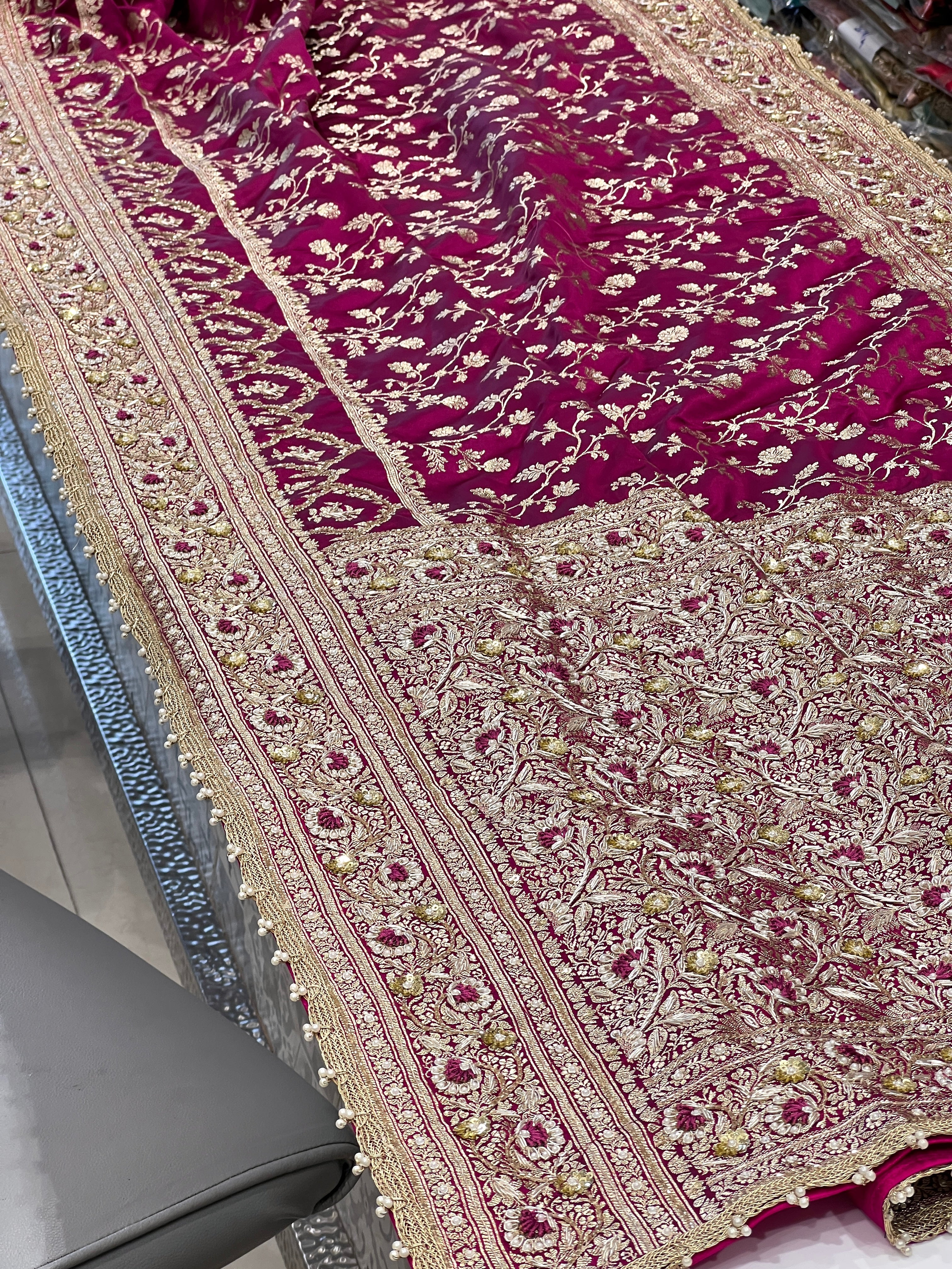 Wine Banarasi Crown Border Resham Embroidery Saree