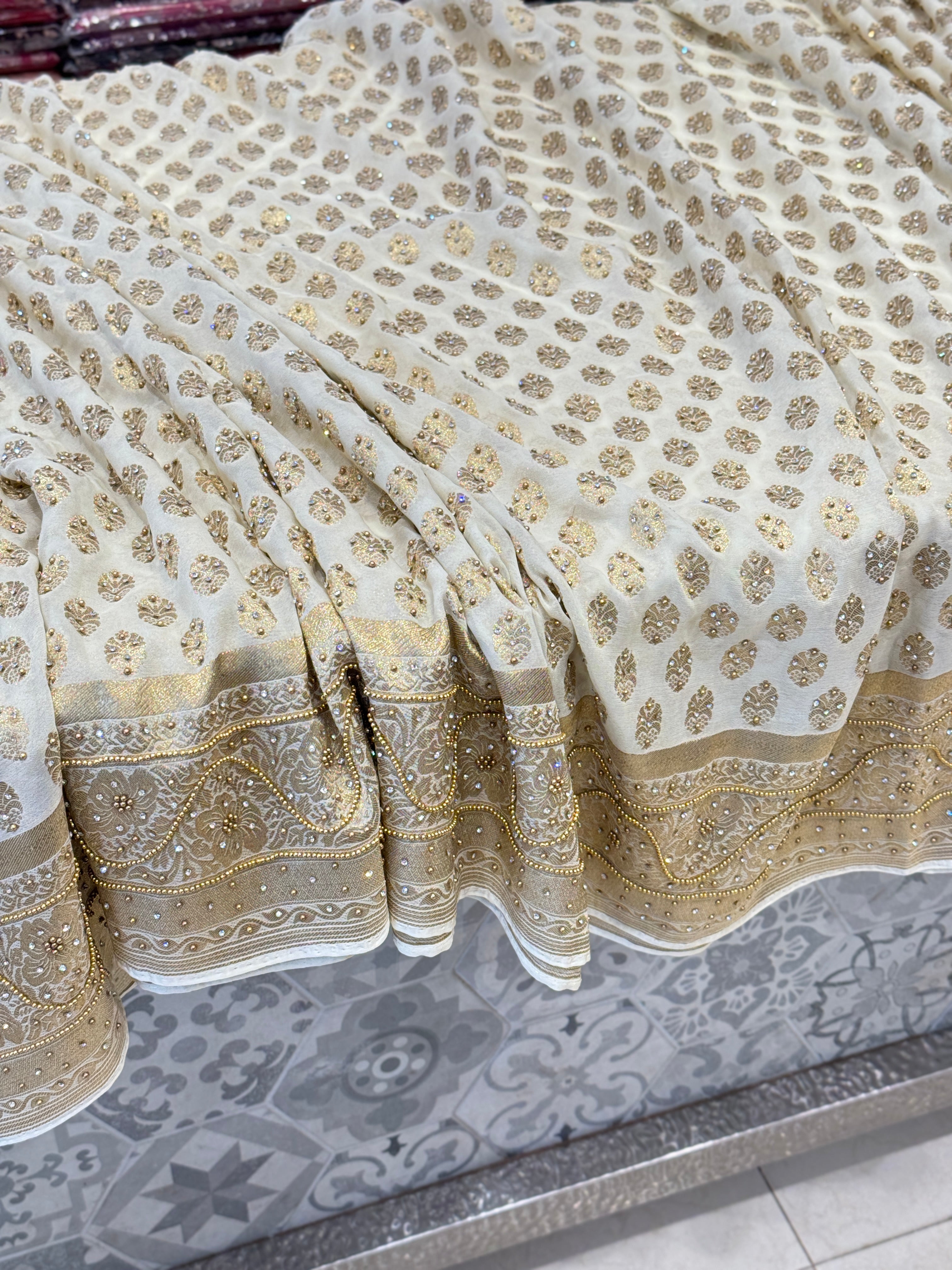 Beige Banarasi Khaddi Georgette Hand Done Buttis Saree