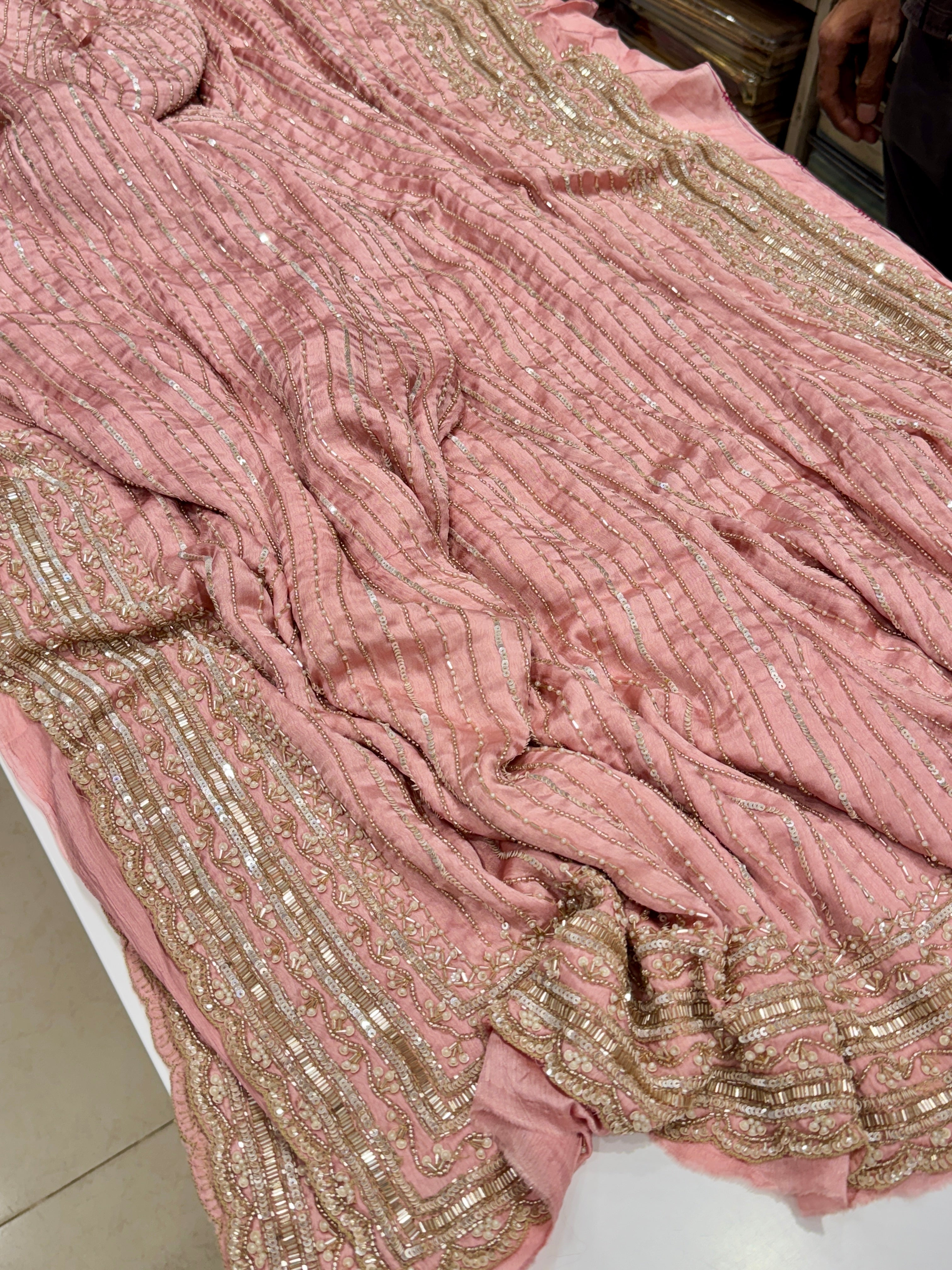 Light Pink Satin Moti Hand Embroidery Saree