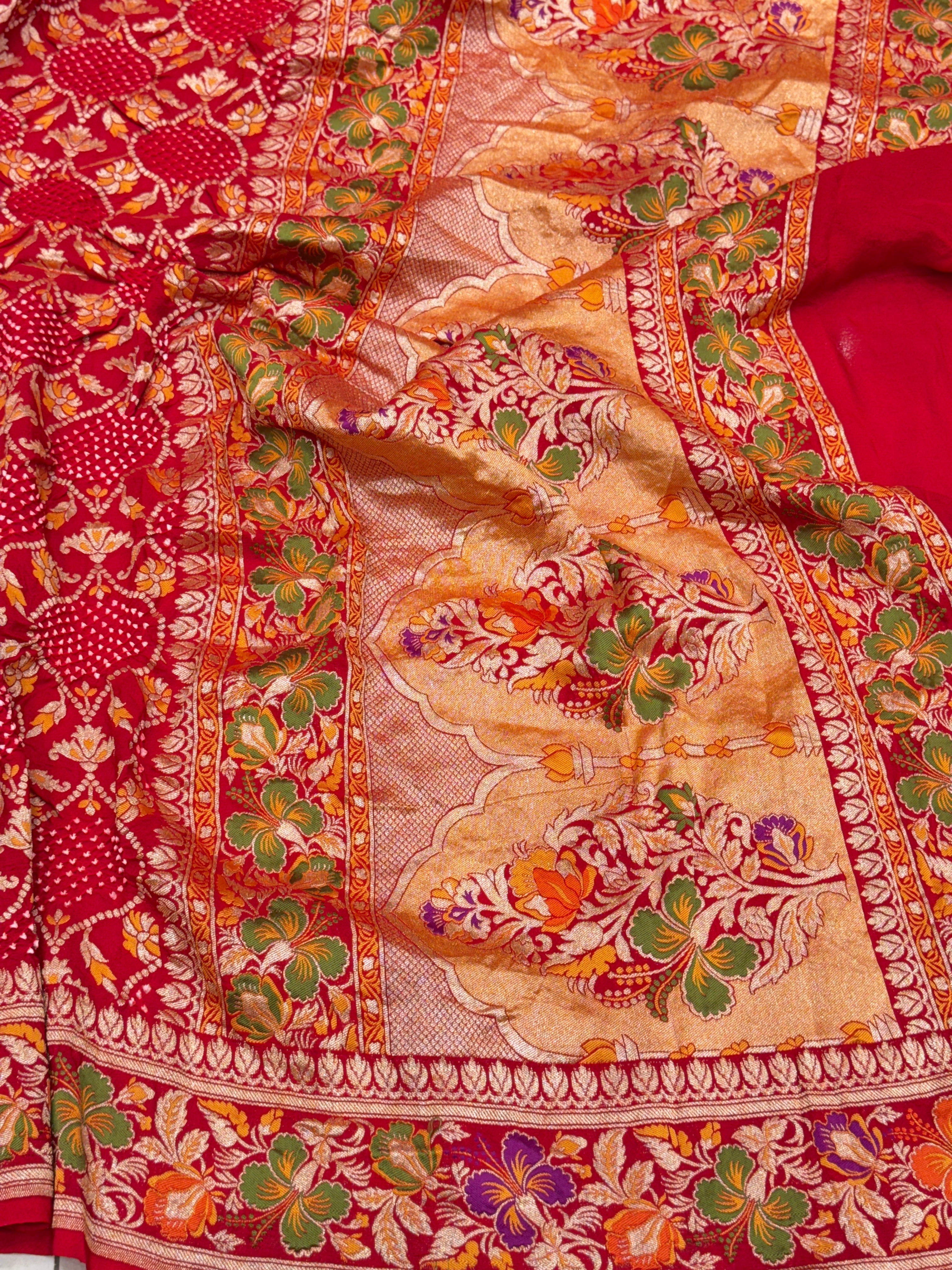 Red Handloom Meenakari Rai Bandhej Pure Zari Dupatta
