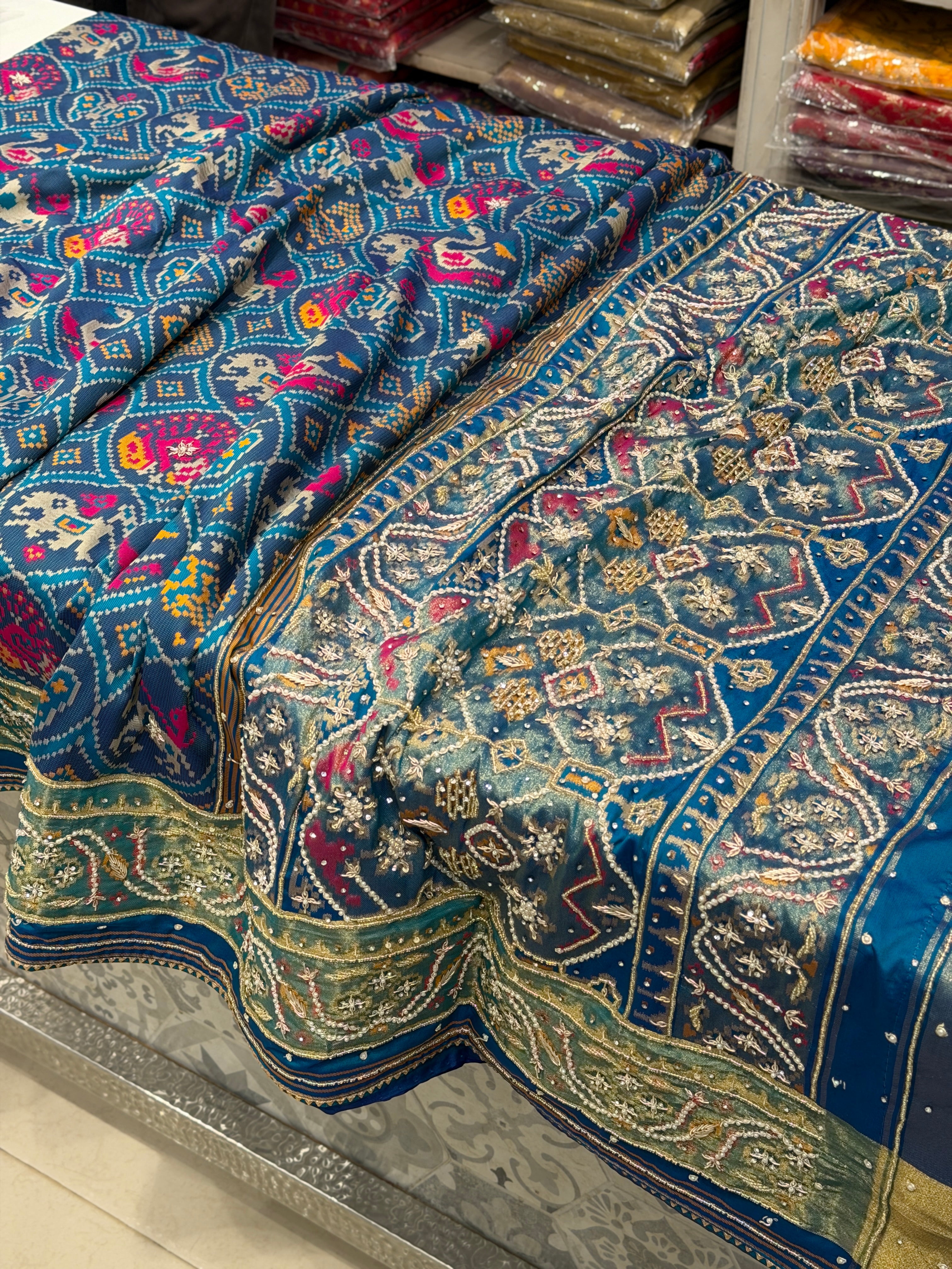 Blue Figure Banarasi Hand Embroidery Patola Saree