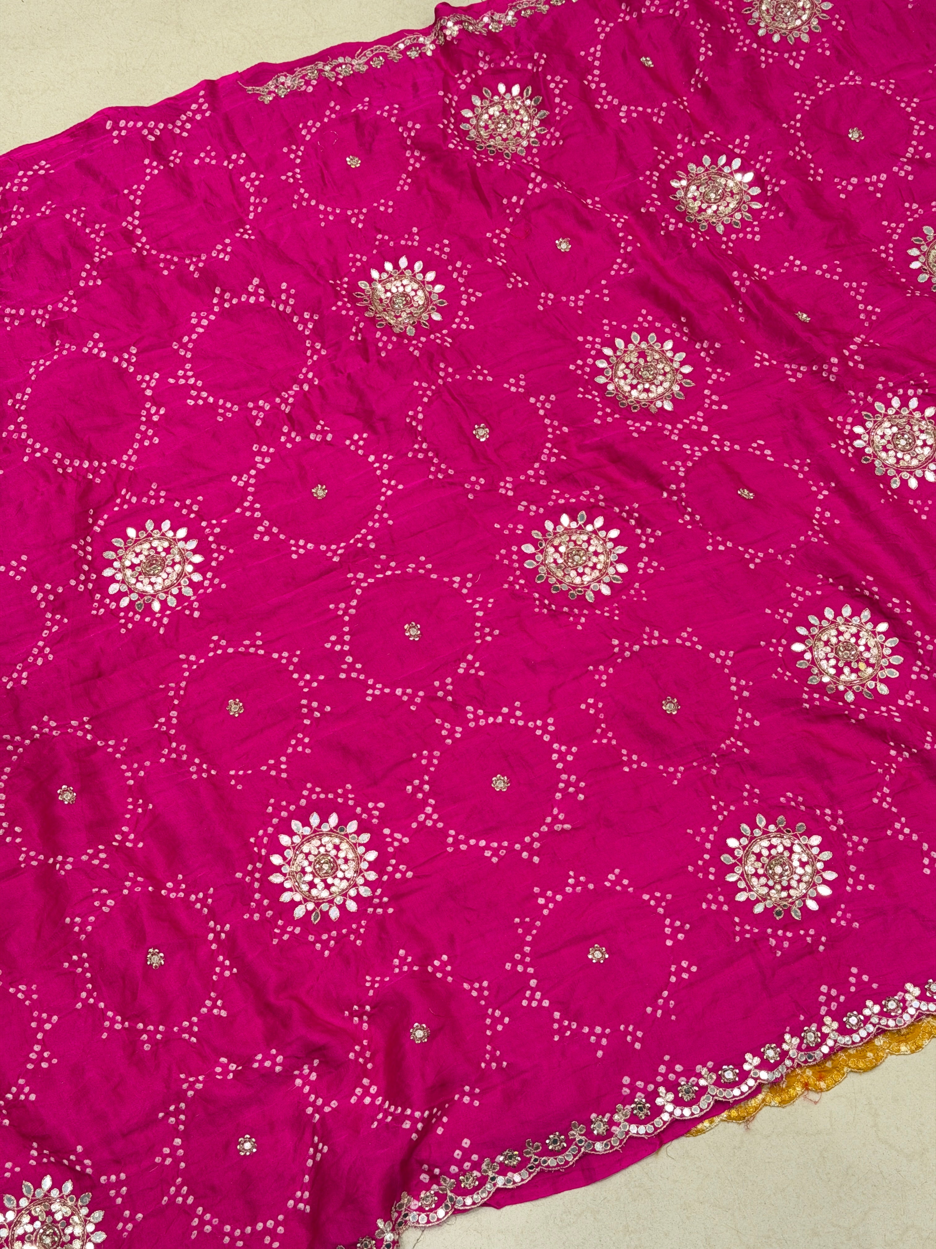 Yellow Rani Gajji Silk Rai Bandhej Tila Hand Embroidery Saree