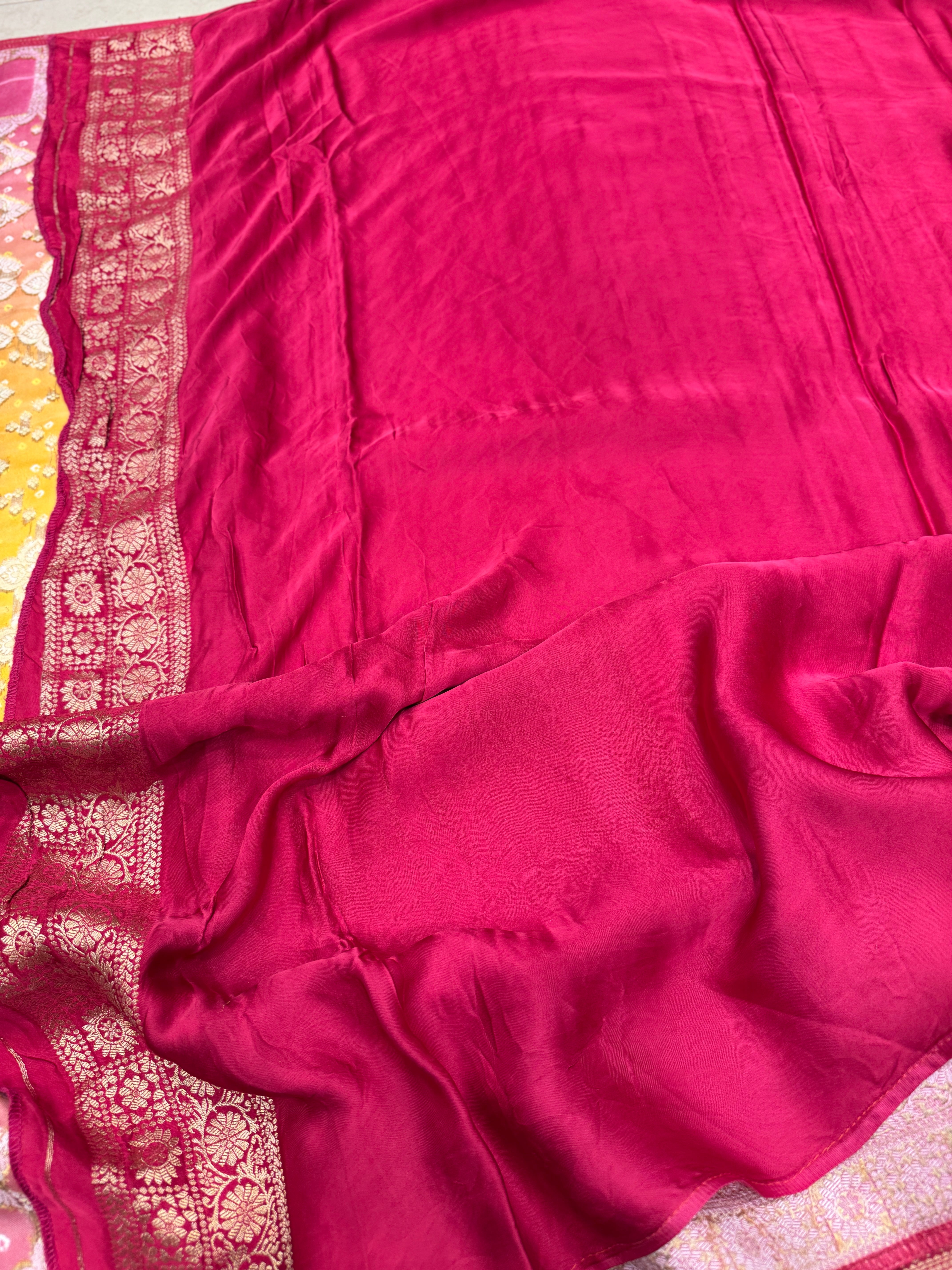 Shaded Yellow Orange Bandhej Style Modal Satin Saree