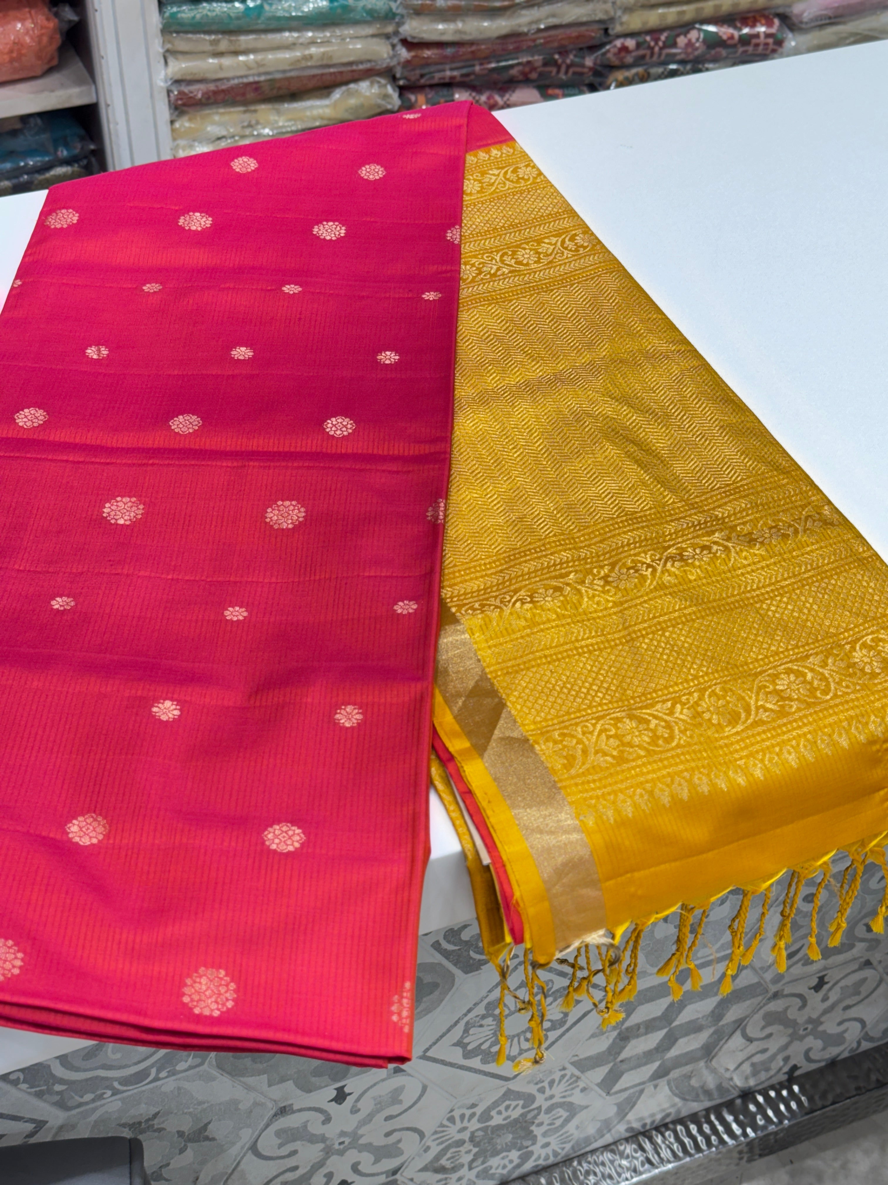 Rani with Yellow Buttis Handloom Kanchipuram Pure Silk Saree