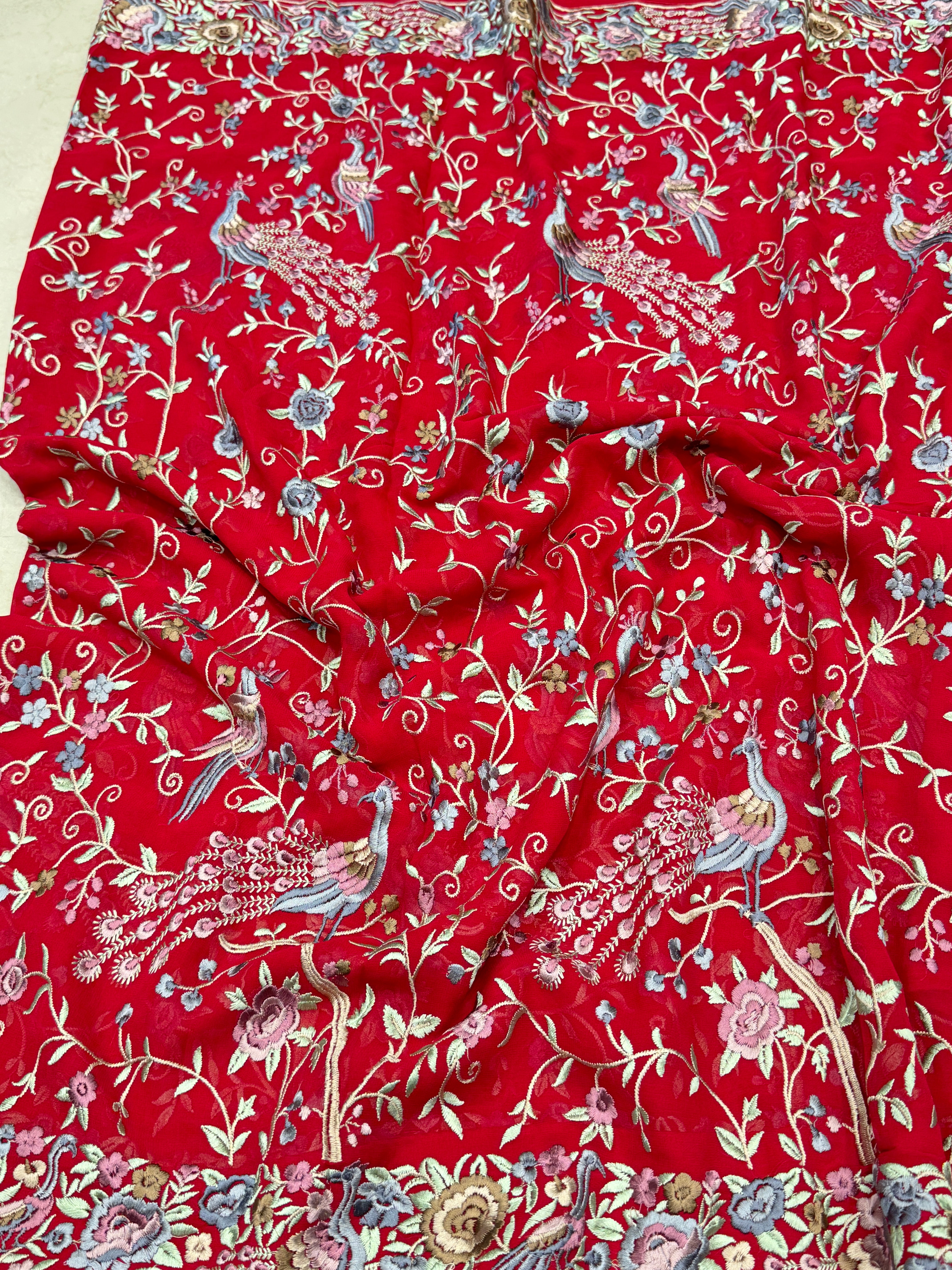Red Georgette Parsi Gara Peacocks Saree