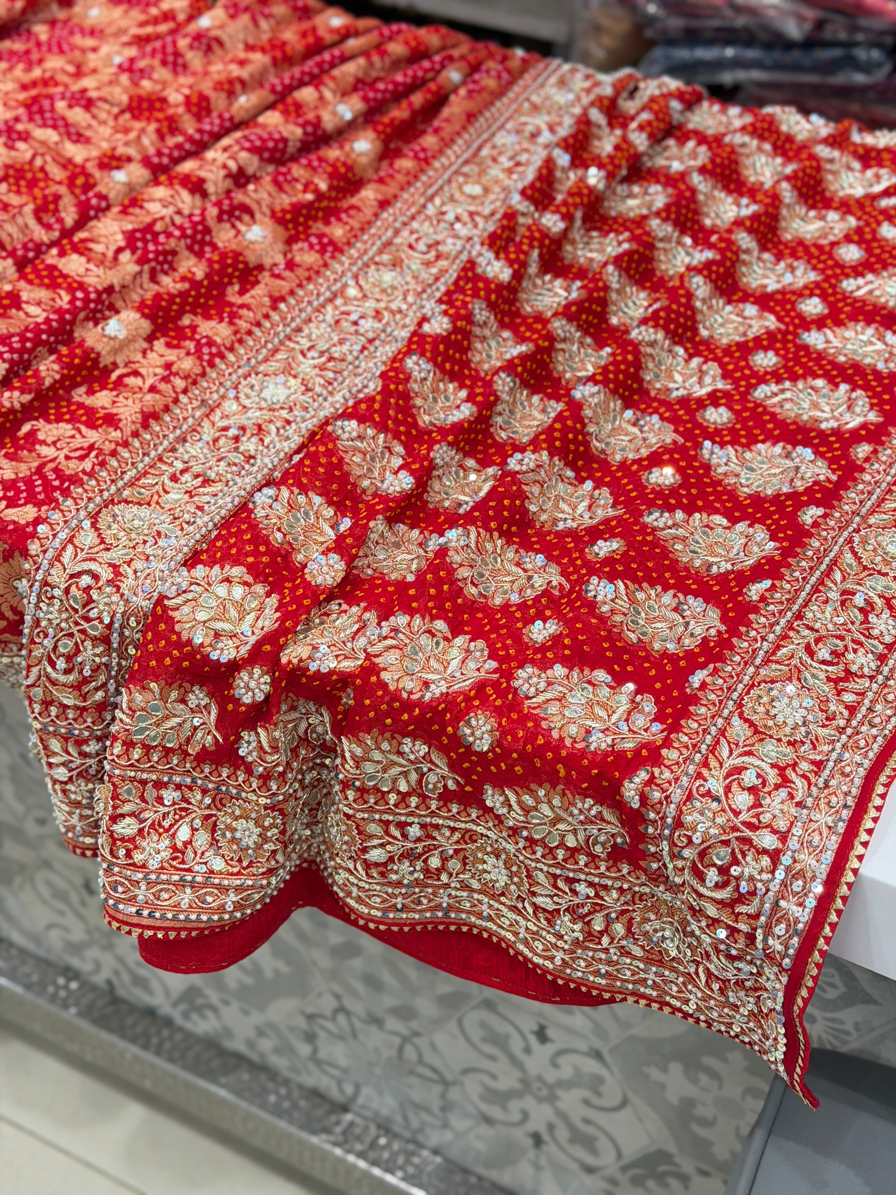 Red Bandhej Zardosi Hand Embroidery Saree