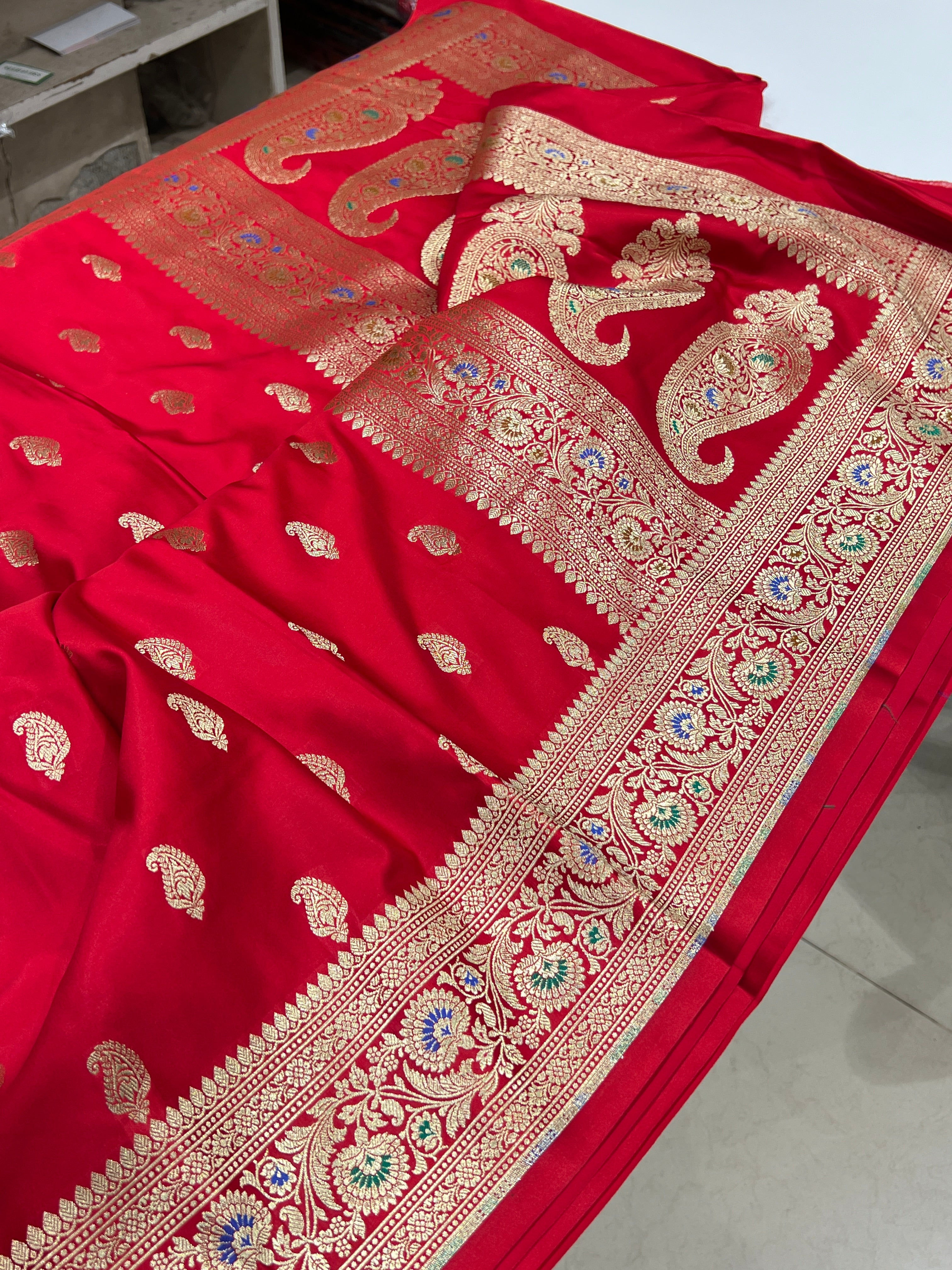 Red Banarasi Silk Meenakari Border Butti Saree