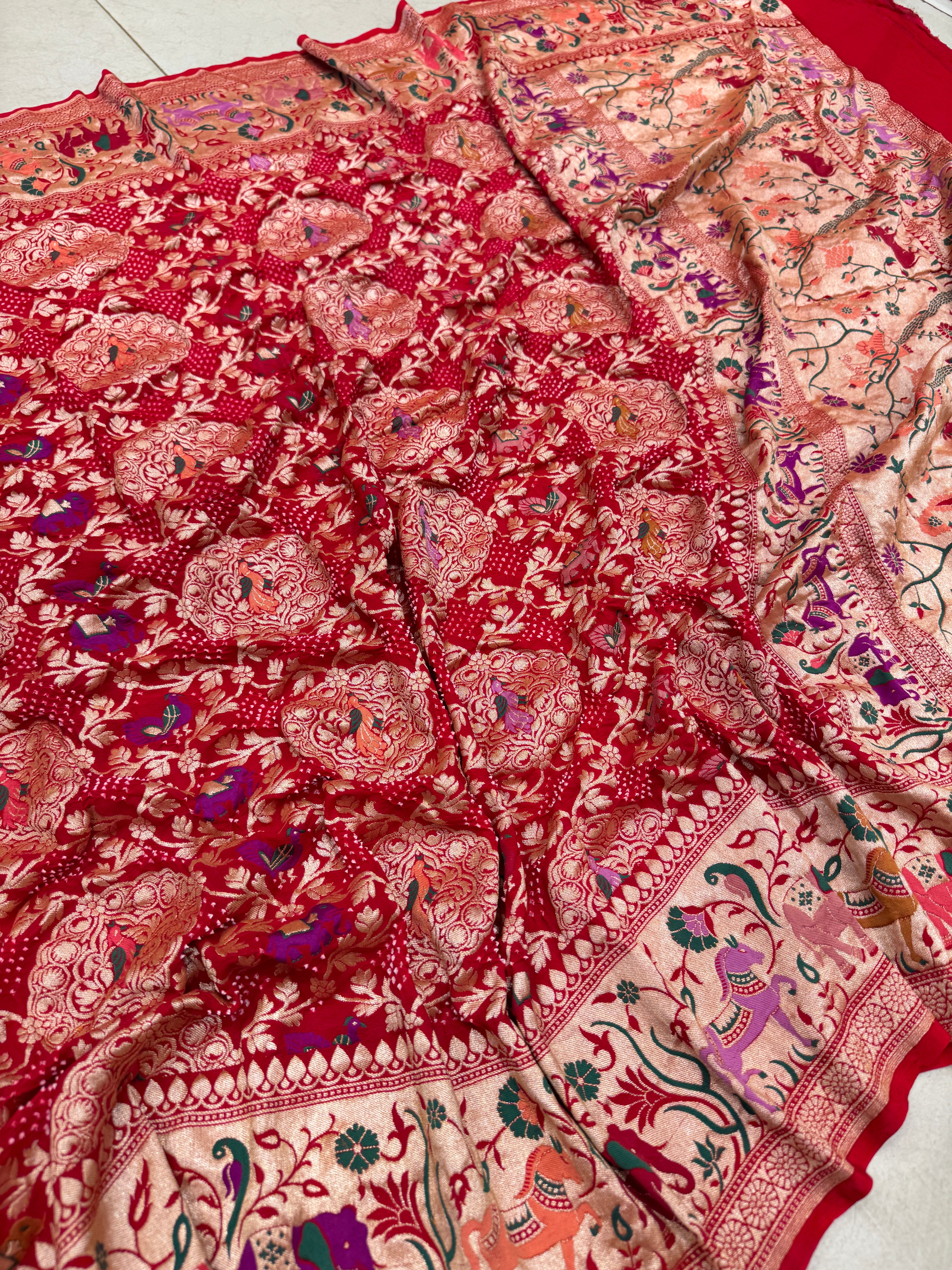 Red Meenakari Rai Bandhej Shikara Saree