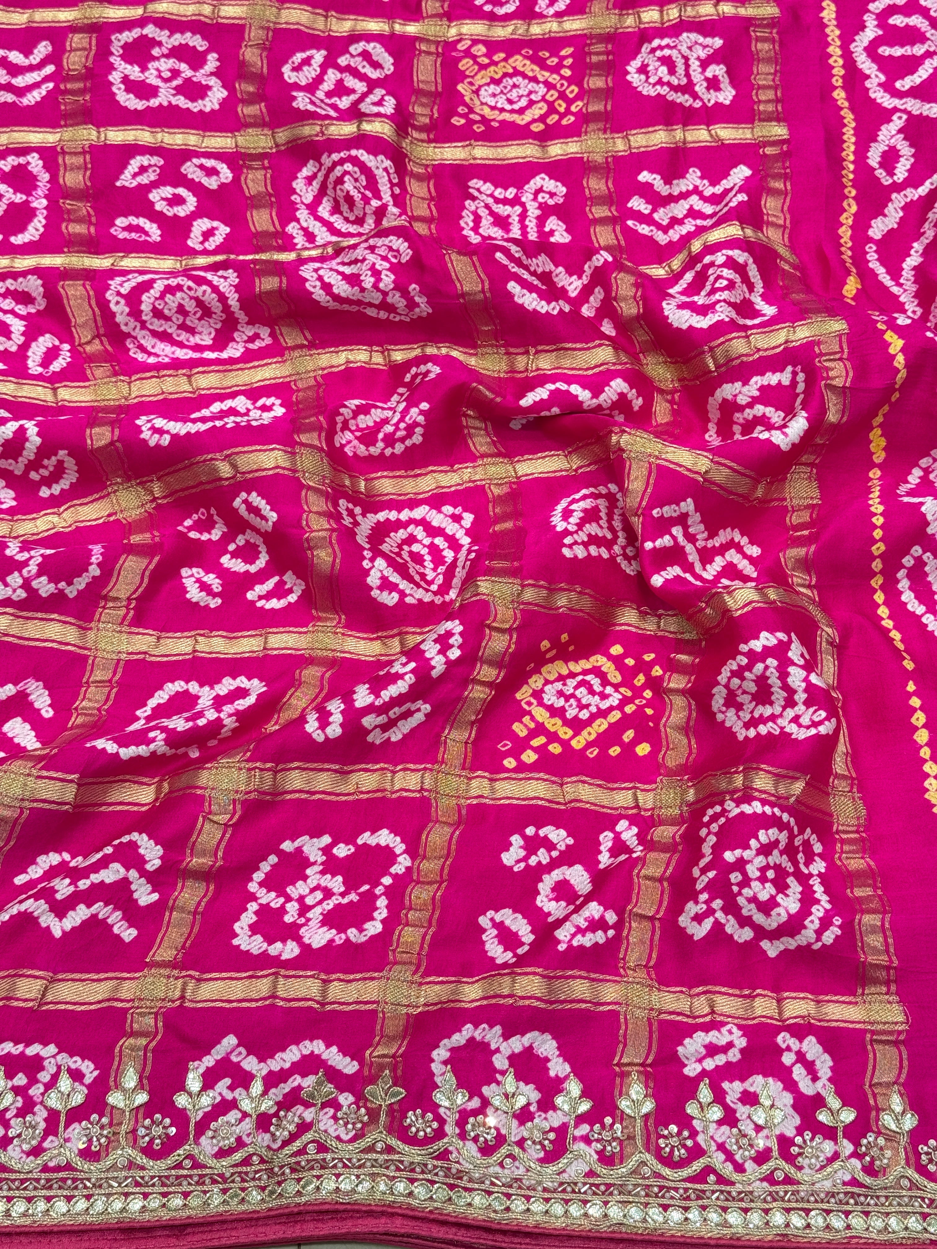 Rani Pink Bandhej Gharchola Gajji Silk Hand Done Gotapatti Saree