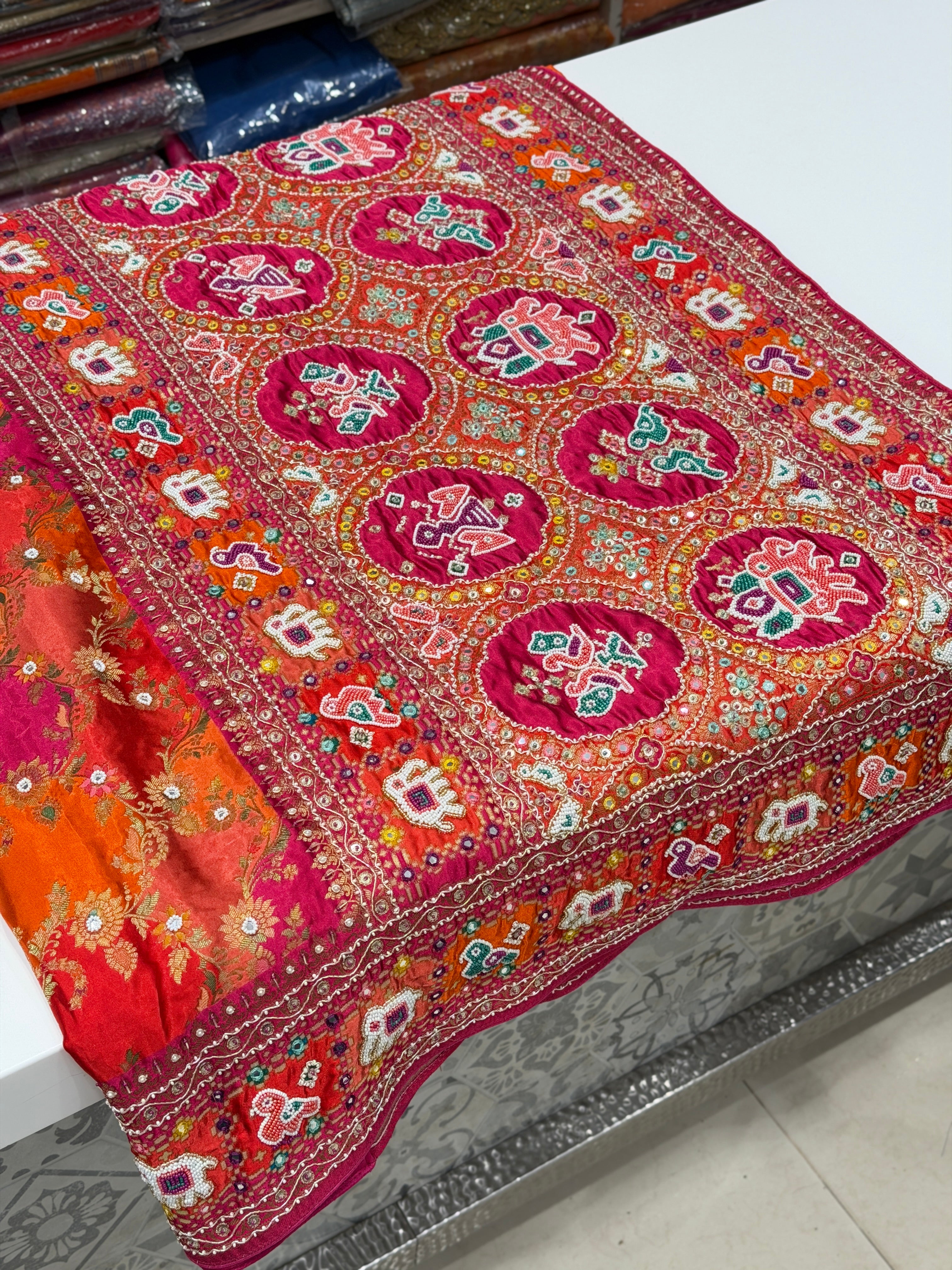 Orange Rani Banarasi Modal Rangkat Patola Weave Hand Embroidery Saree