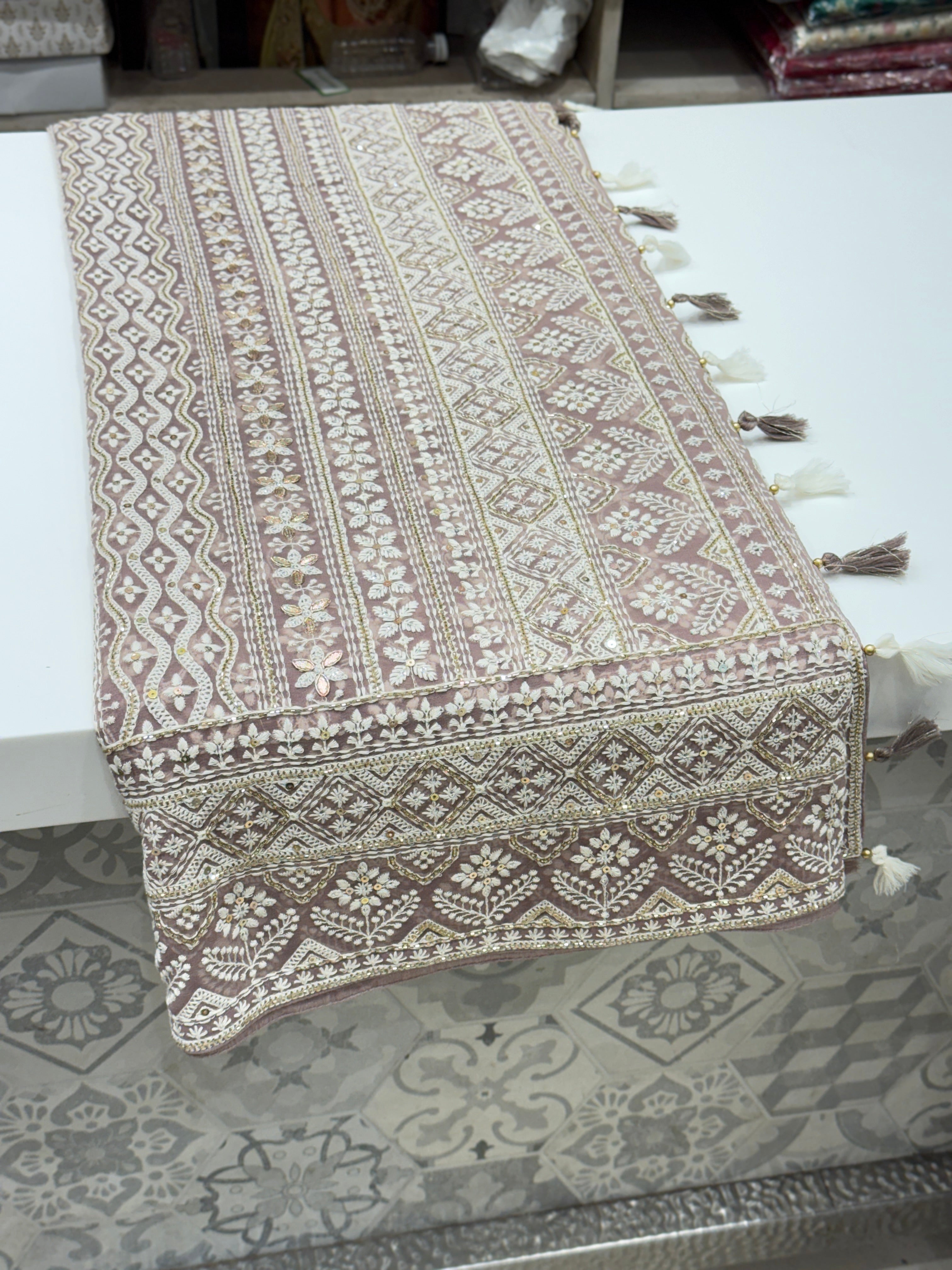 Mauve Pink Jaal Chikankari on Georgette with Cutdana Hand Embroidery