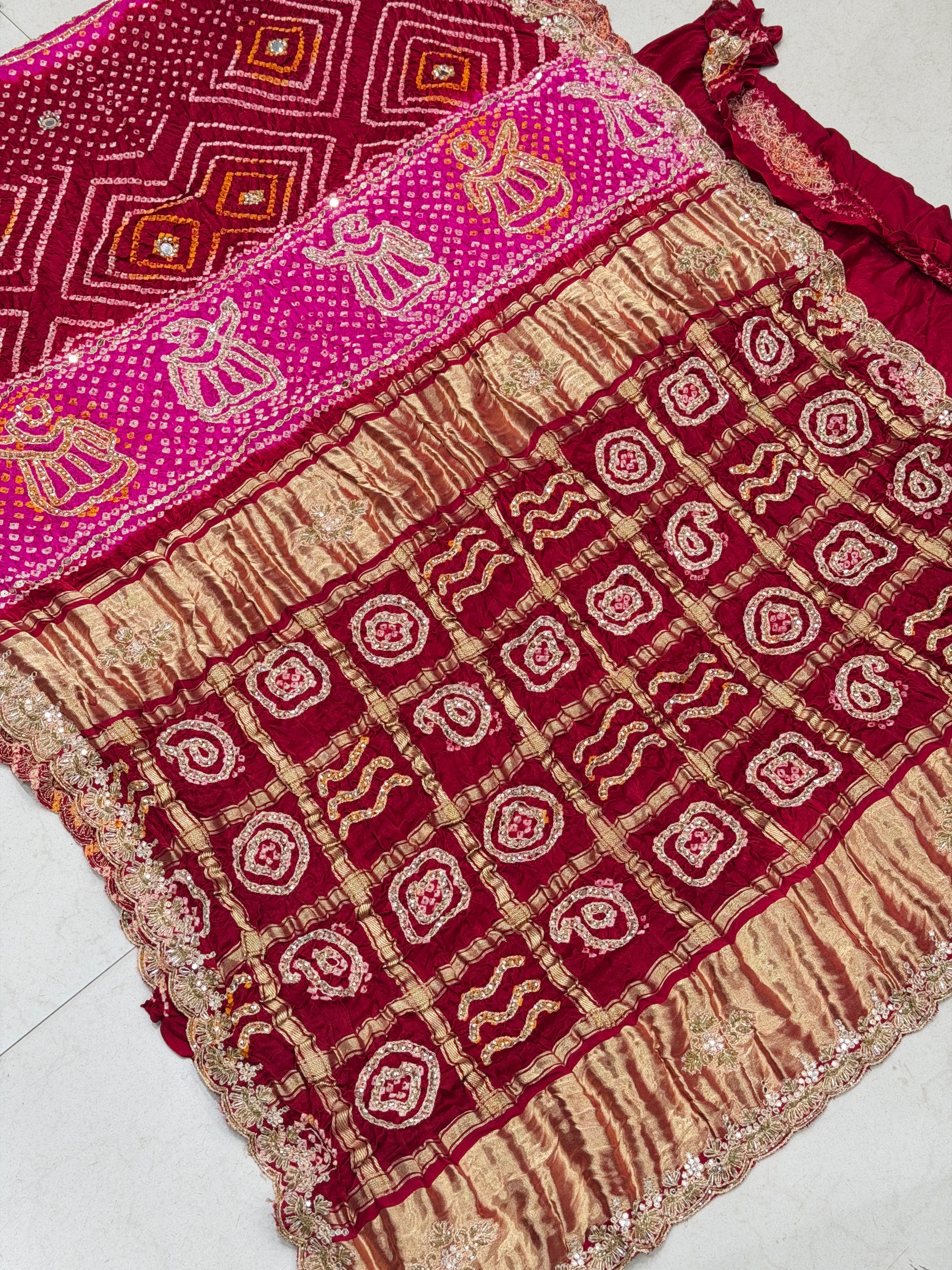 Maroon Rani Gajji Silk Rai Bandhej Gharchola Hand Embroidery Saree