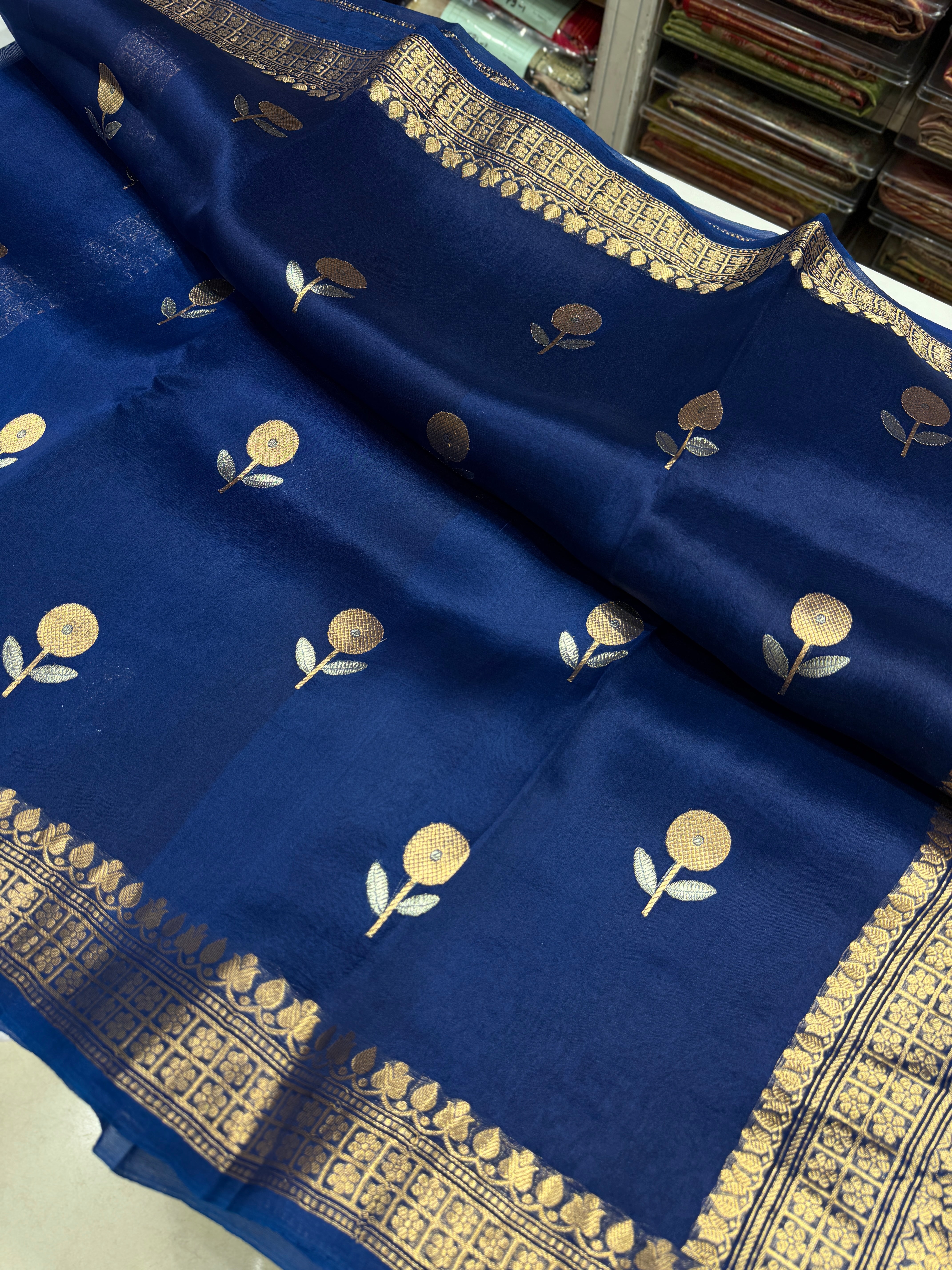 Blue Banarasi Handloom Kora Sona Roopa Butta Saree