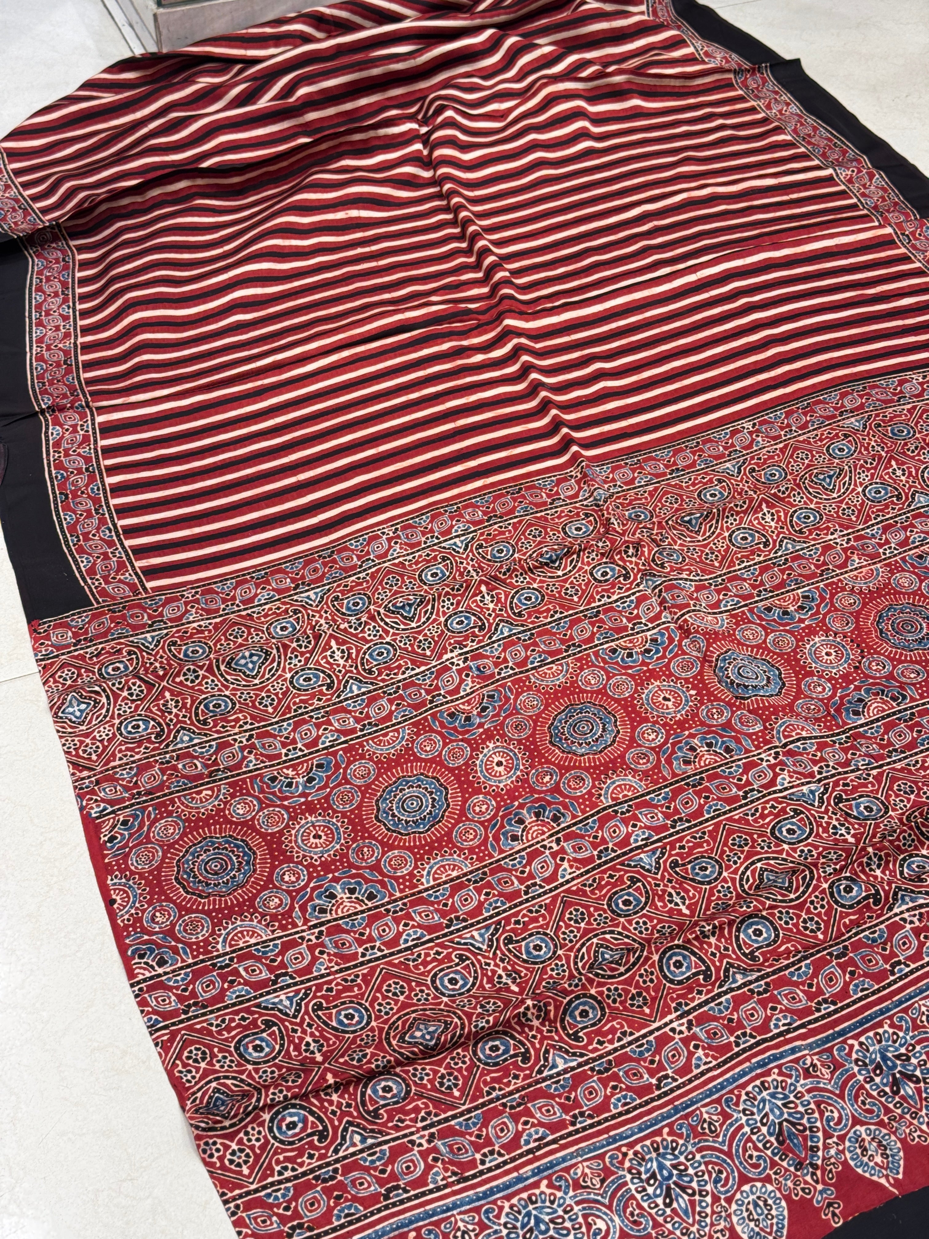 Red White Contemporary Hand Block Print Ajrkah Pure Gajji Silk Saree