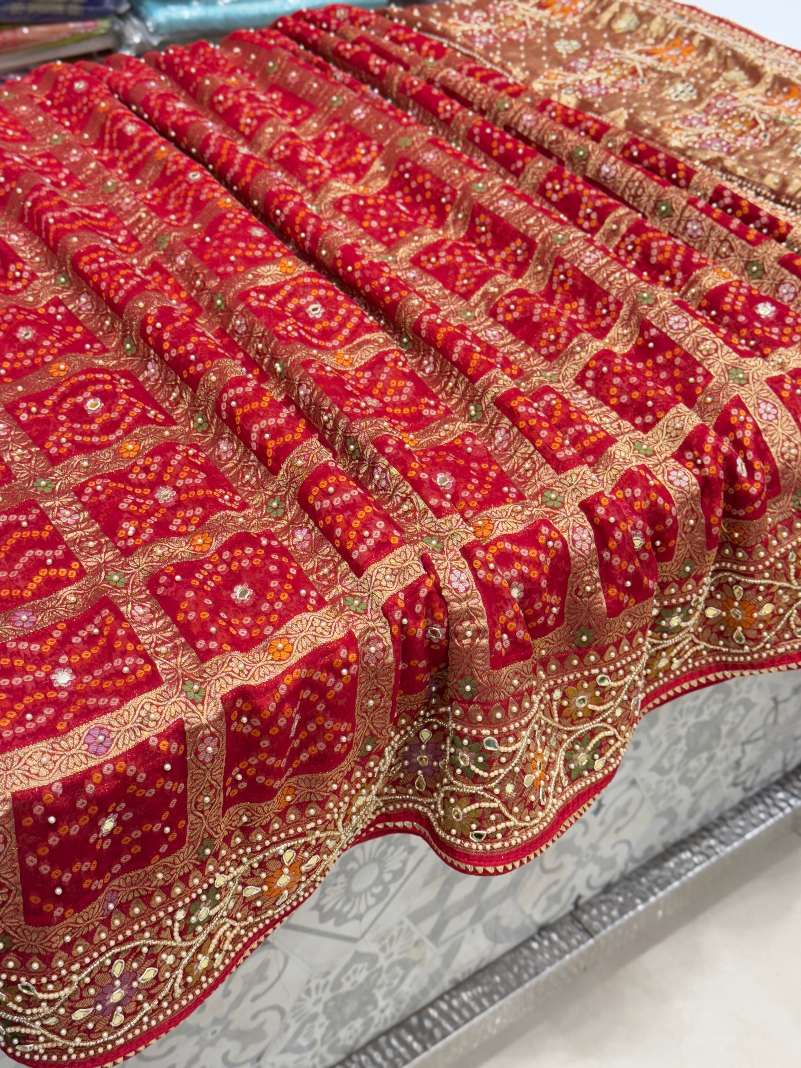 Red Gharchola Meenakari Moti Hand Embroidery Saree