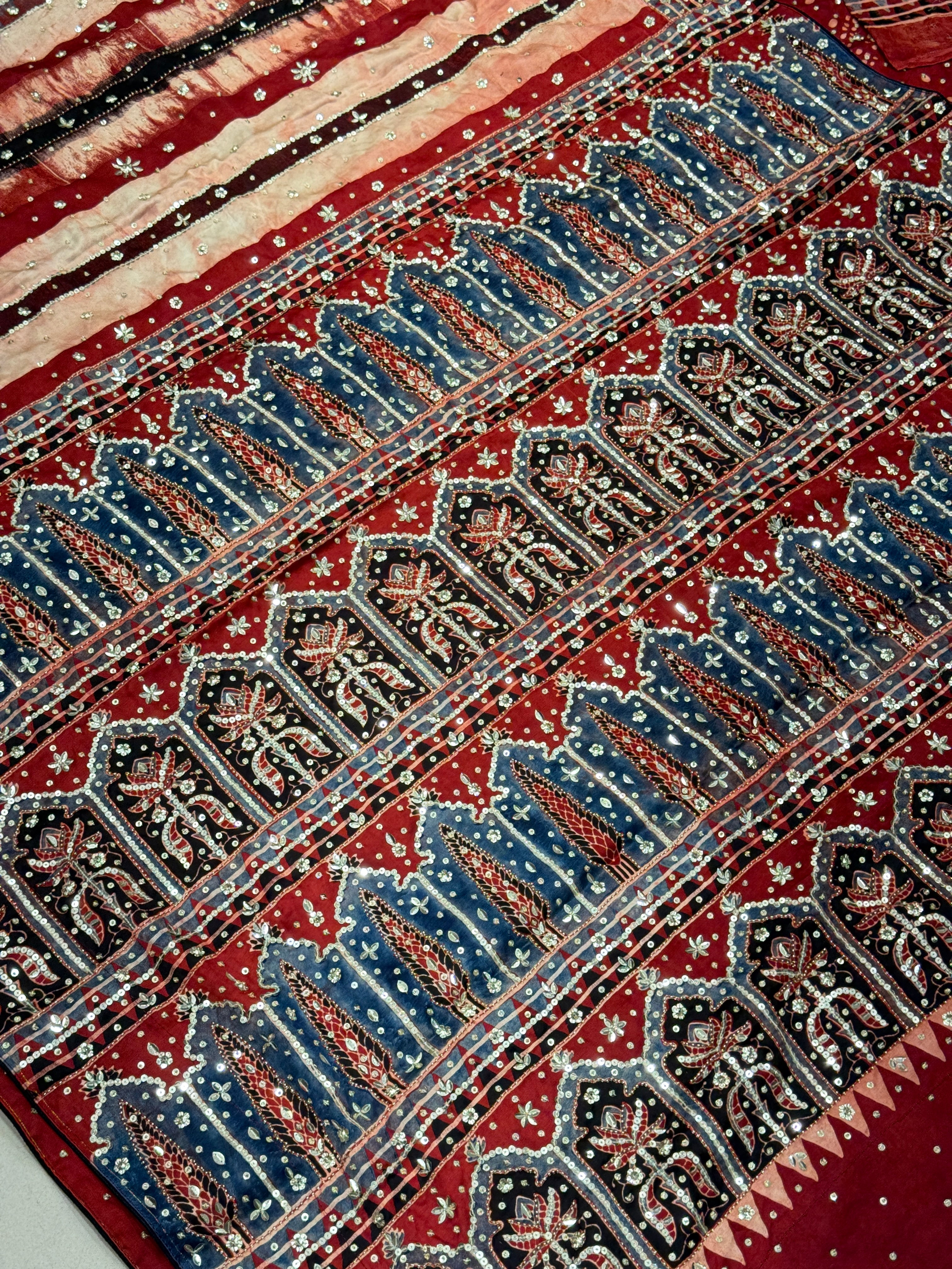 Ajrakh Hand Embroidery Sequin Saree Contemporary