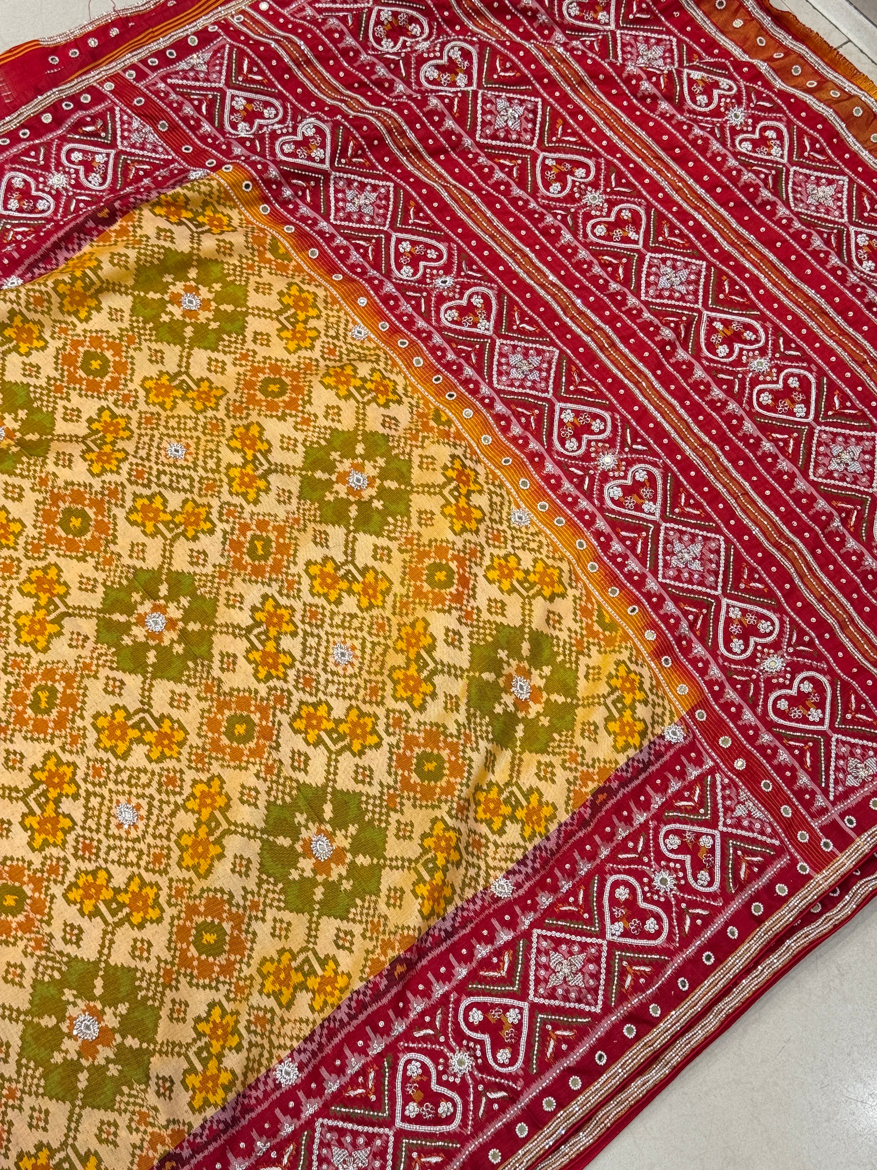 Mustard Yellow Pure Silk Patola Zardosi Hand Embroidery Saree