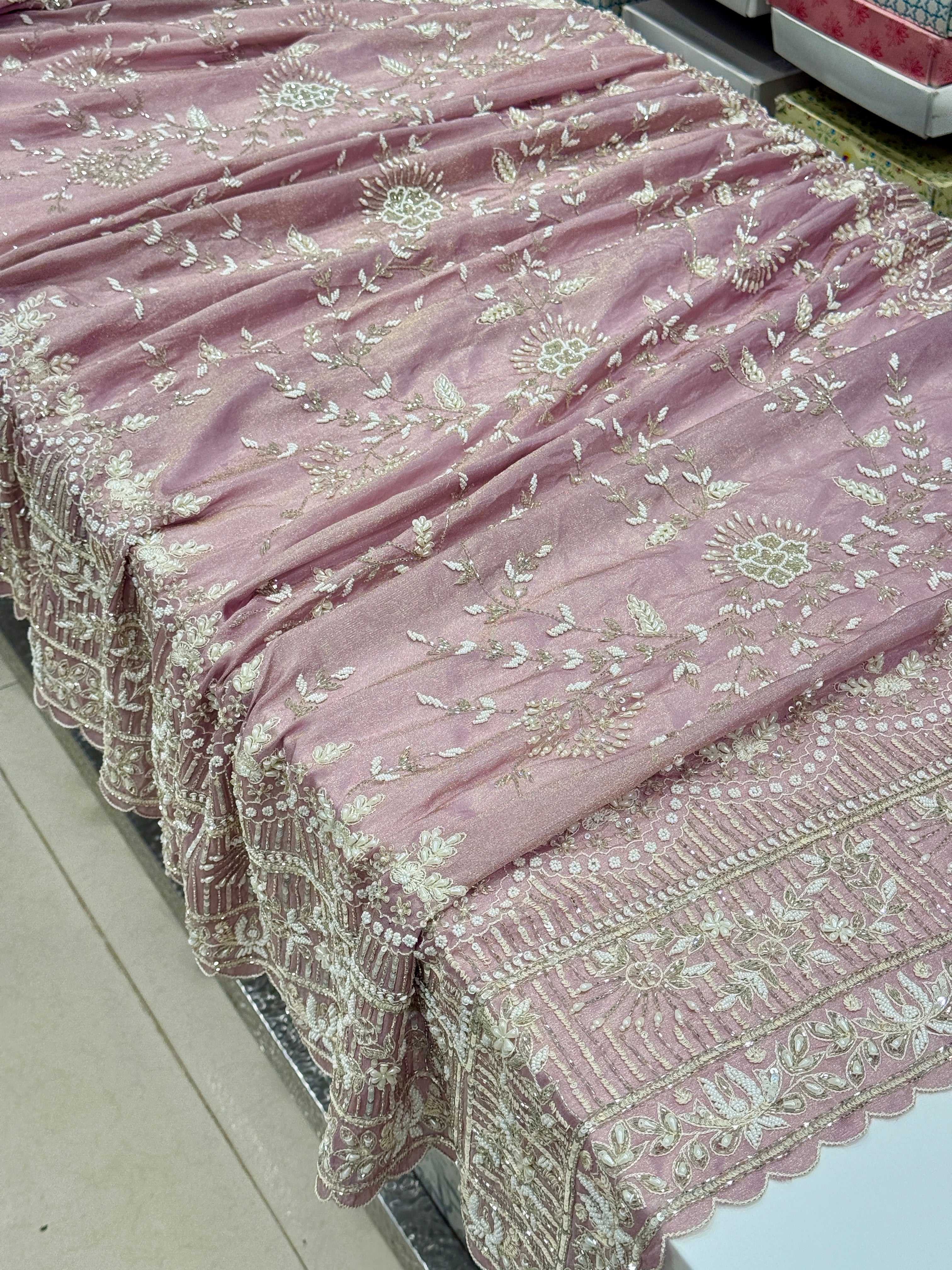 Lilac Crepe Tissue Resham Moti Sequin Hand Embroidery Saree