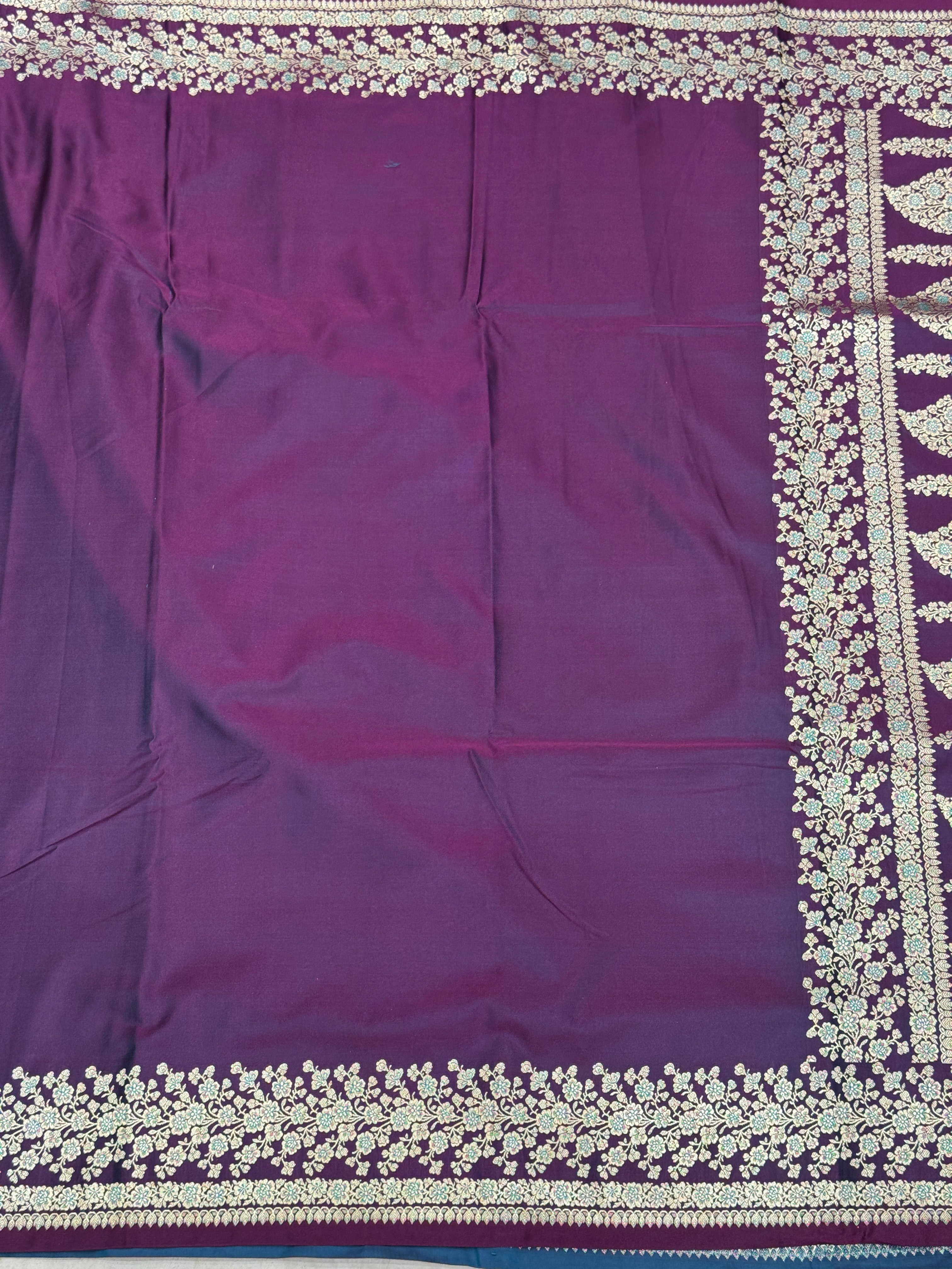 Wine Banarasi Silk Plain Floral Border Saree