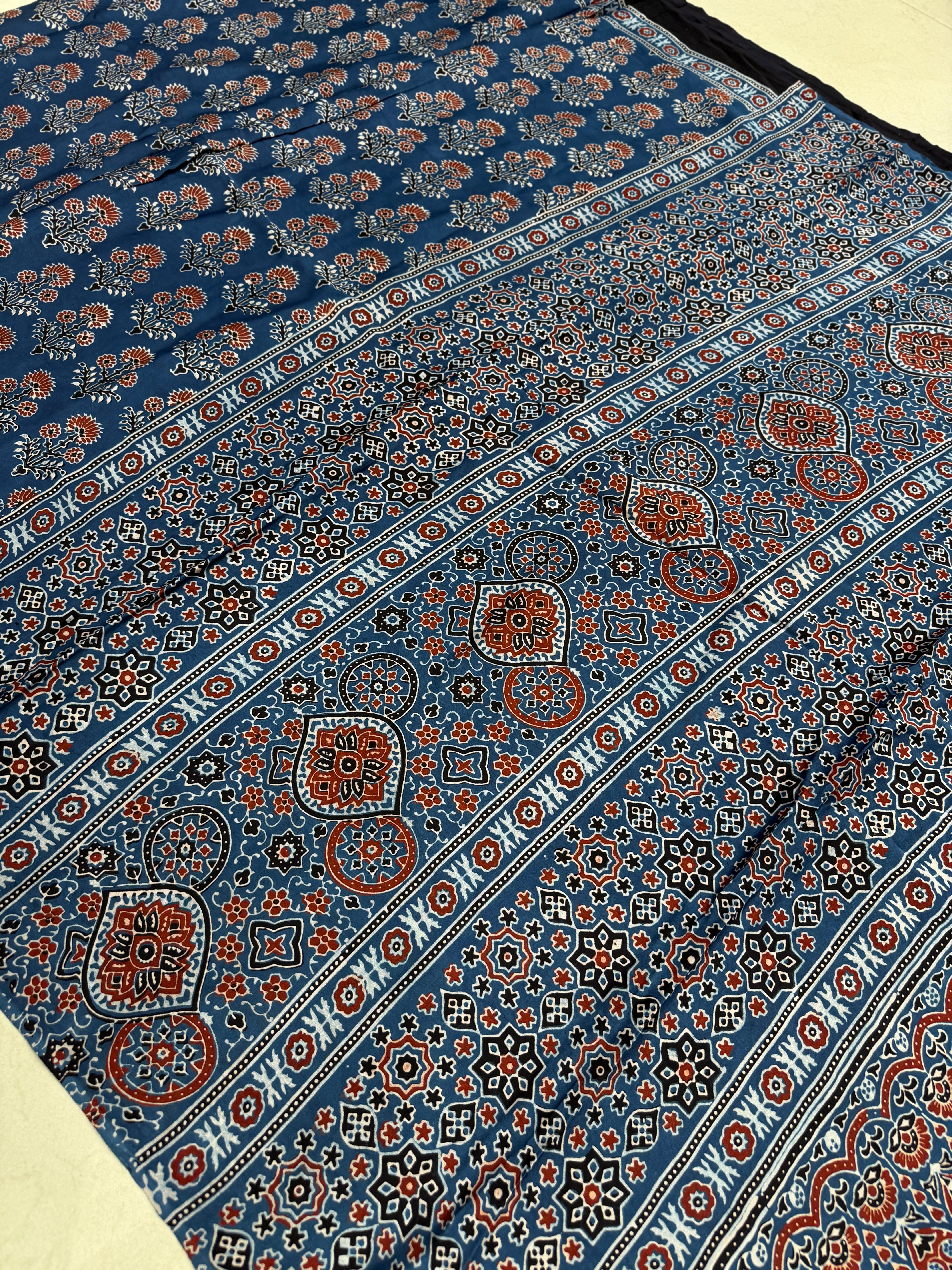 Blue Buttas Ajrakh Hand Block Print Pure Gajji Silk Saree