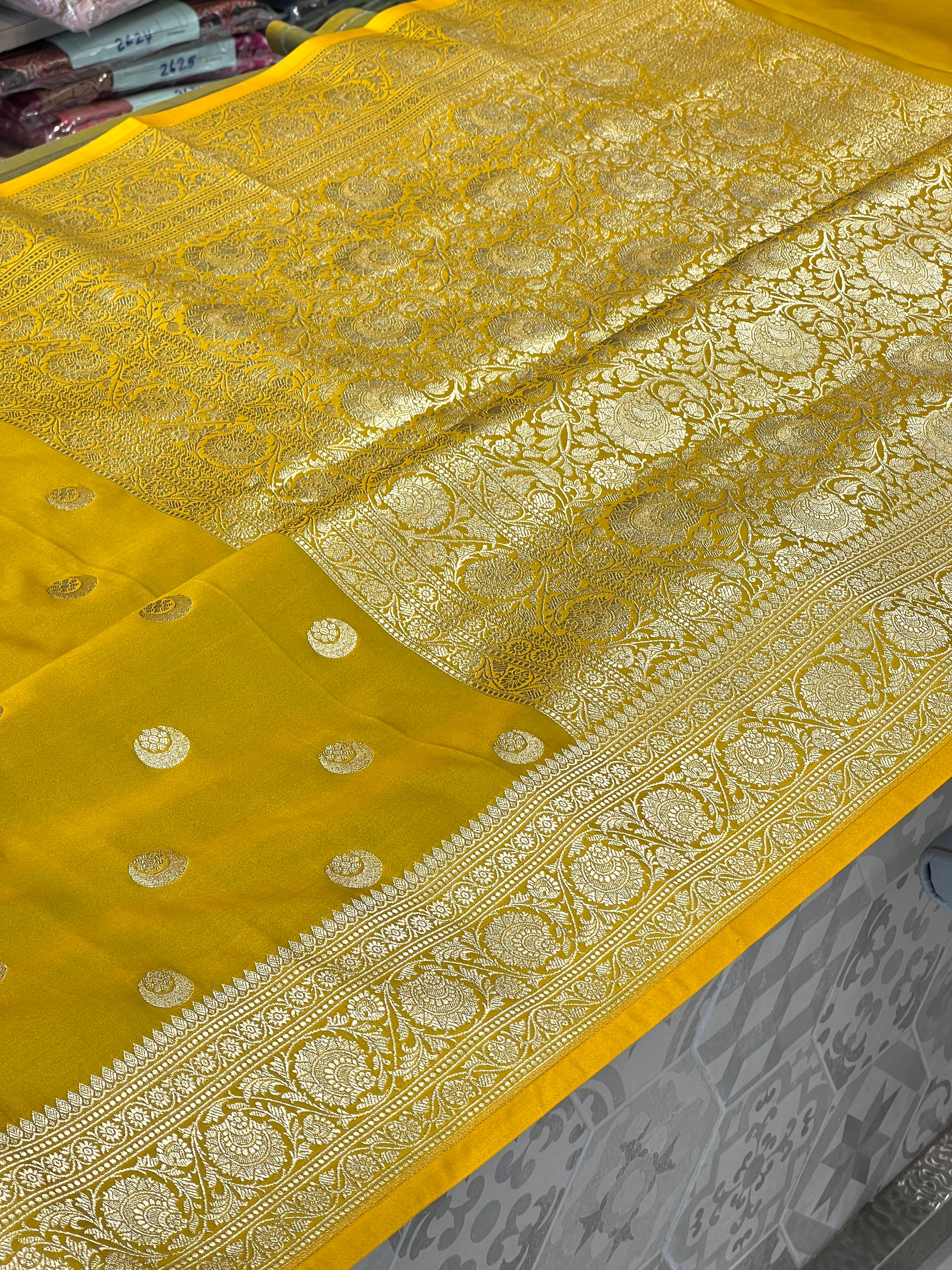 Greenish Yellow Banarasi Chand Butti Saree