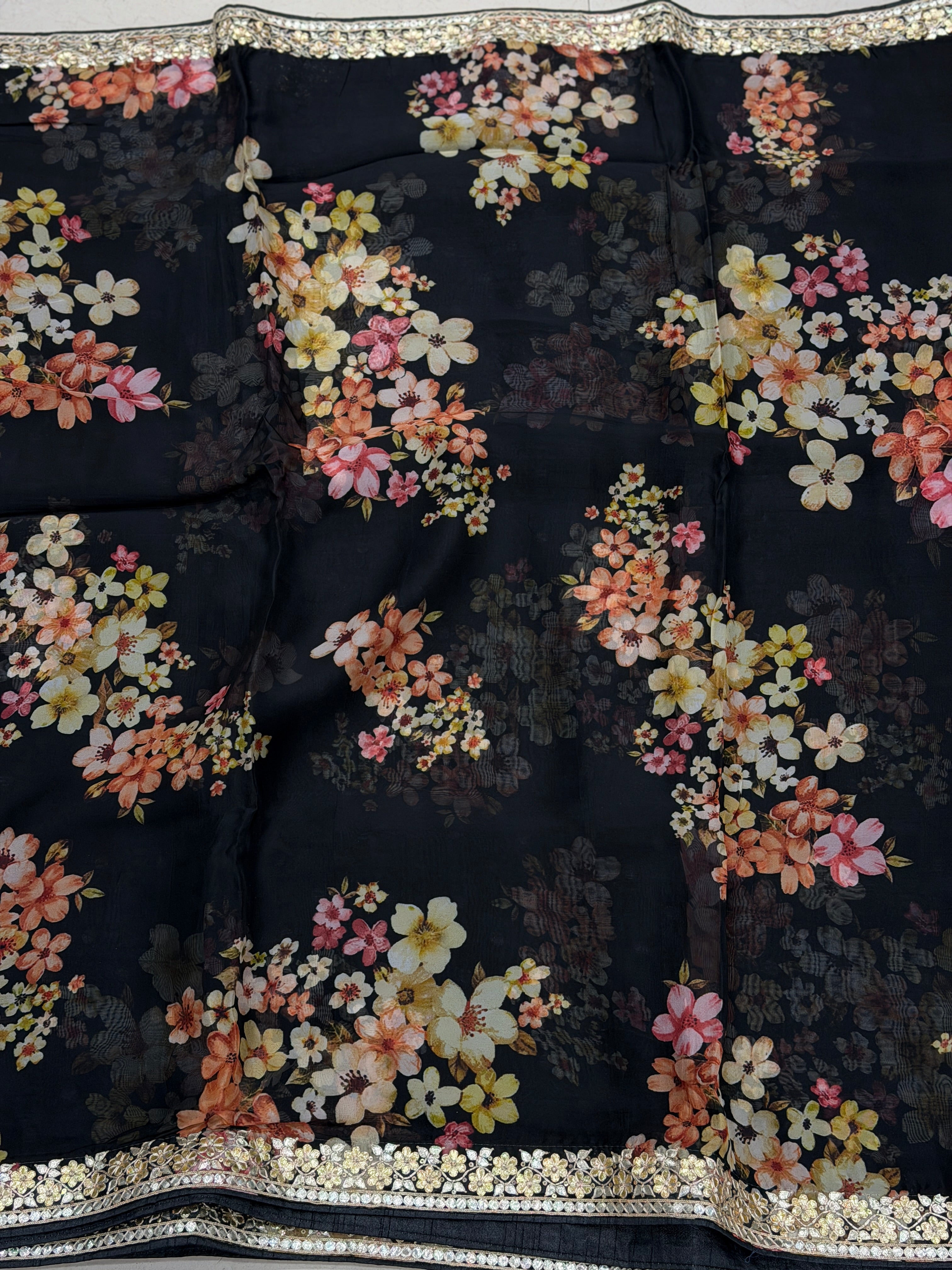 Black Soft Organza Printed Hand Embroidery Gotapatti Pita Embroidery Saree