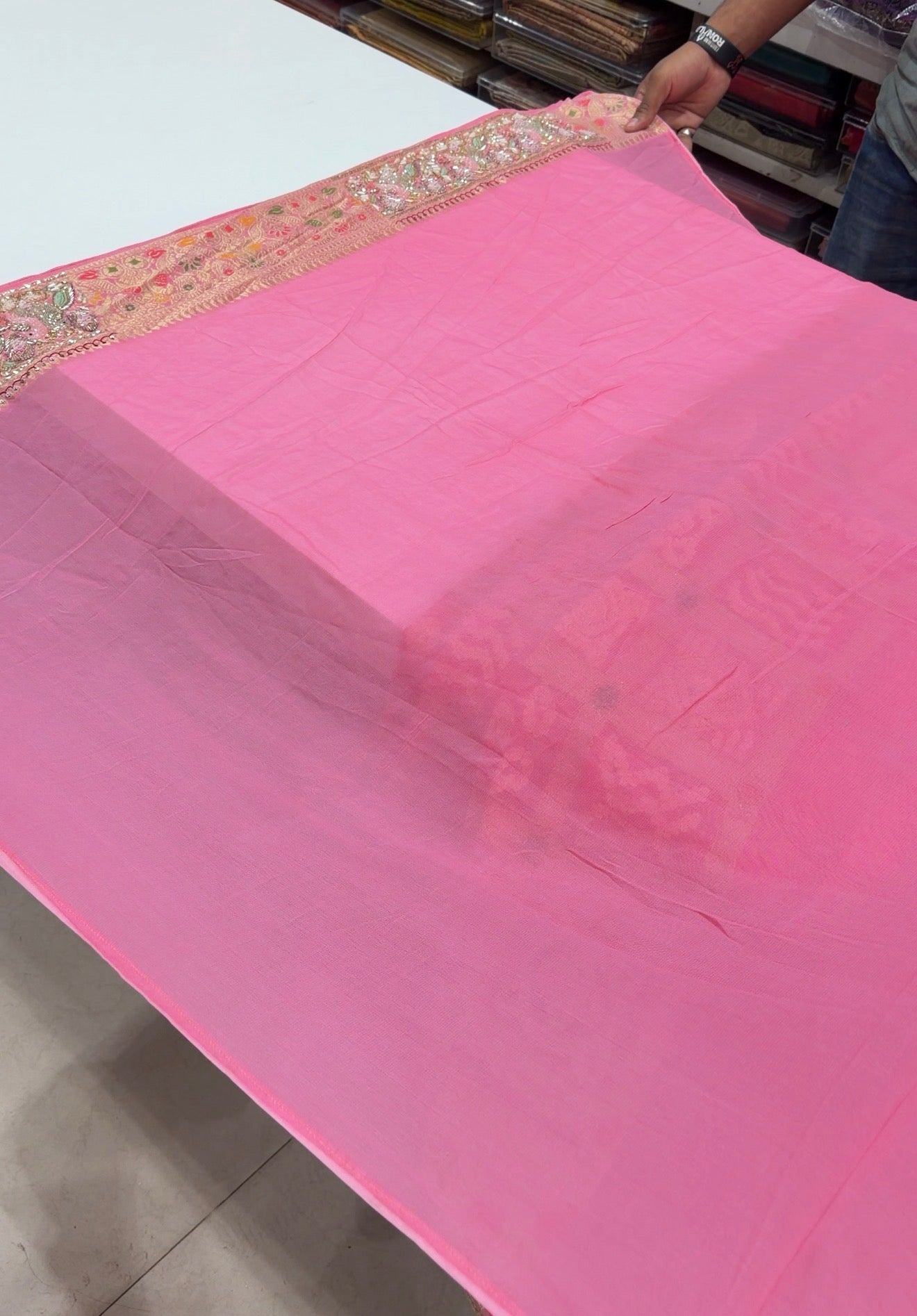 Pink Gharchola Moti Sequin Zardosi Hand Embroidery Georgette Saree