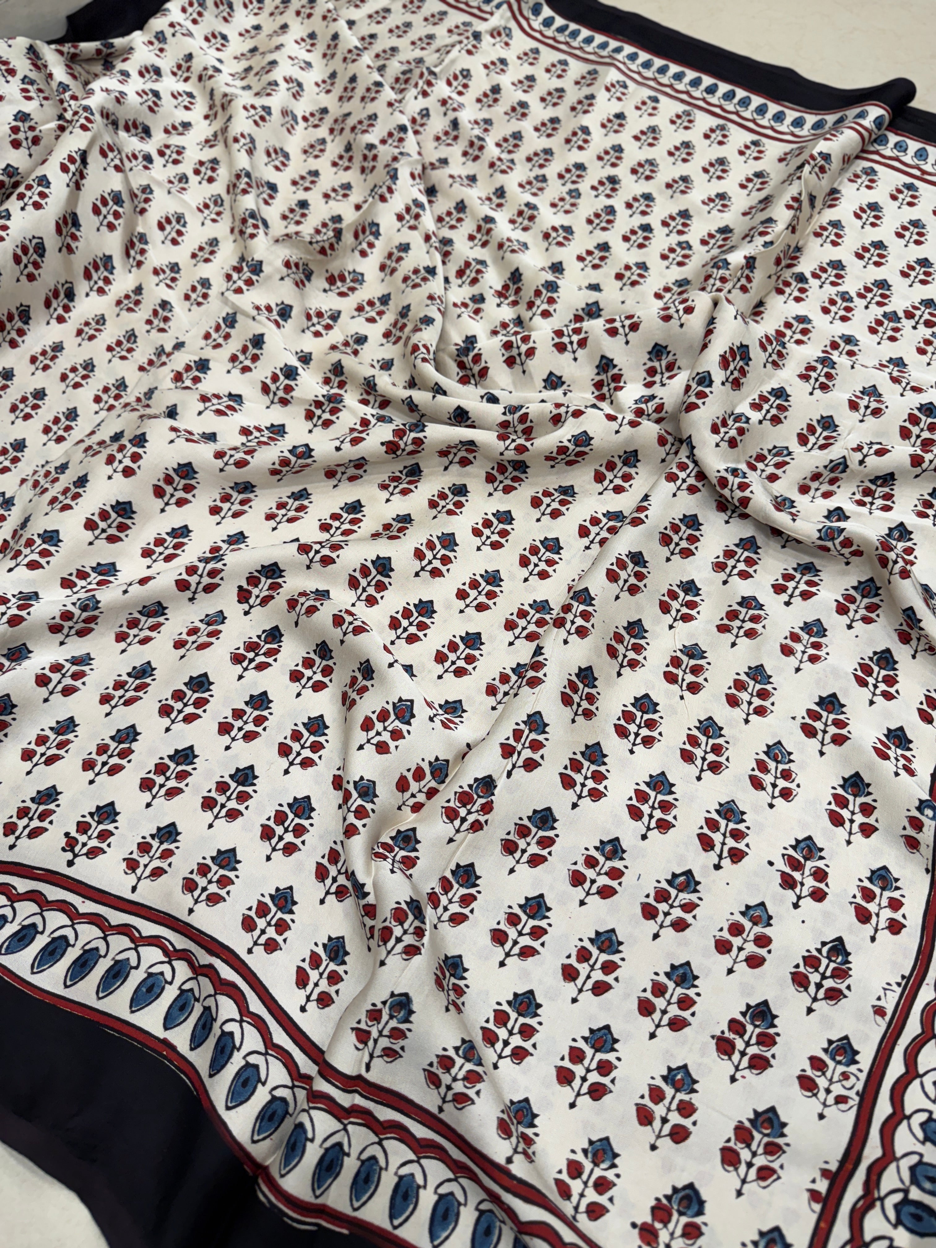 White Blue Buttis Ajrakh Block Print Hand Pure Gajji Silk Saree