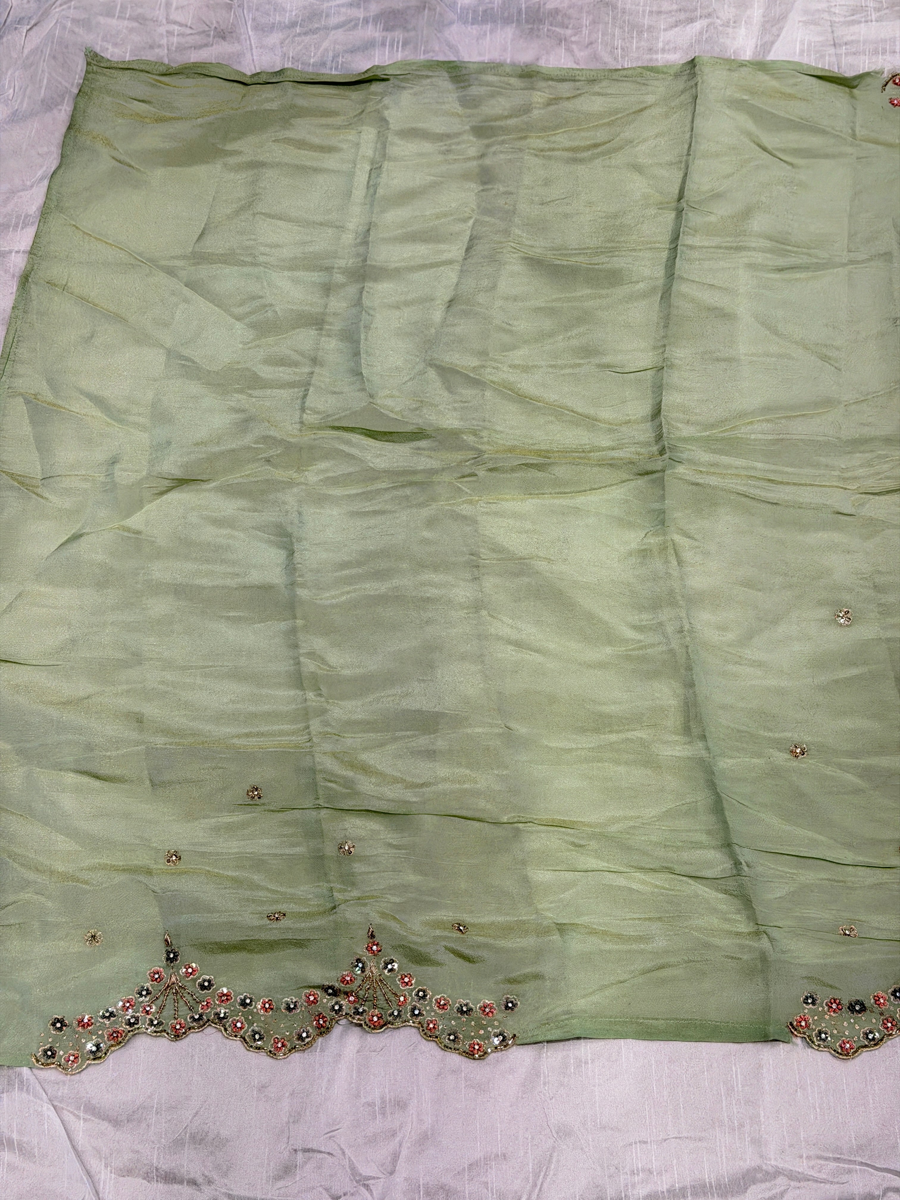 Pista Green Crepe Tissue Hand Embroidery Blouse Piece