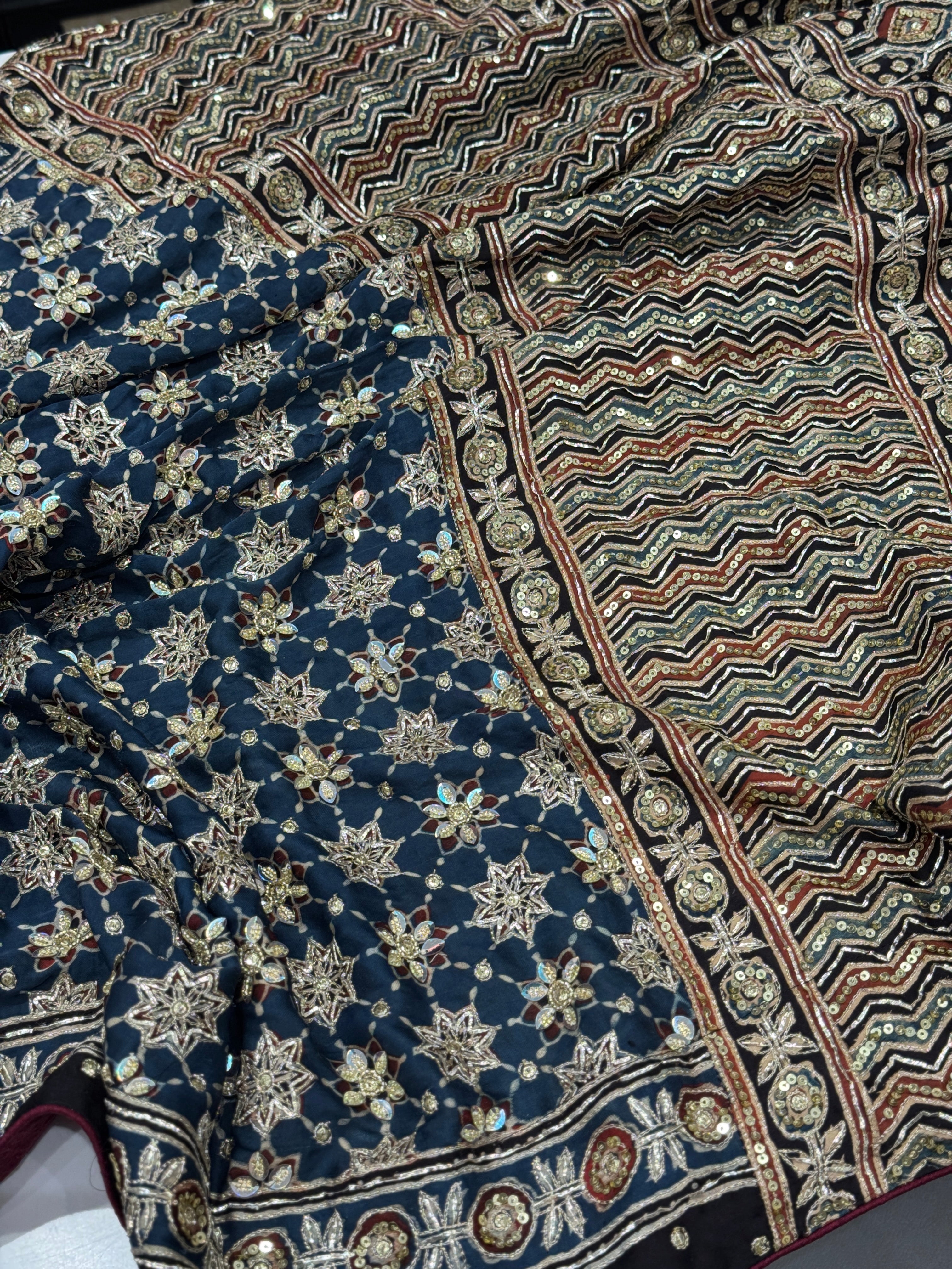 Blue Black Jaal Ajrakh Hand Embroidery Saree