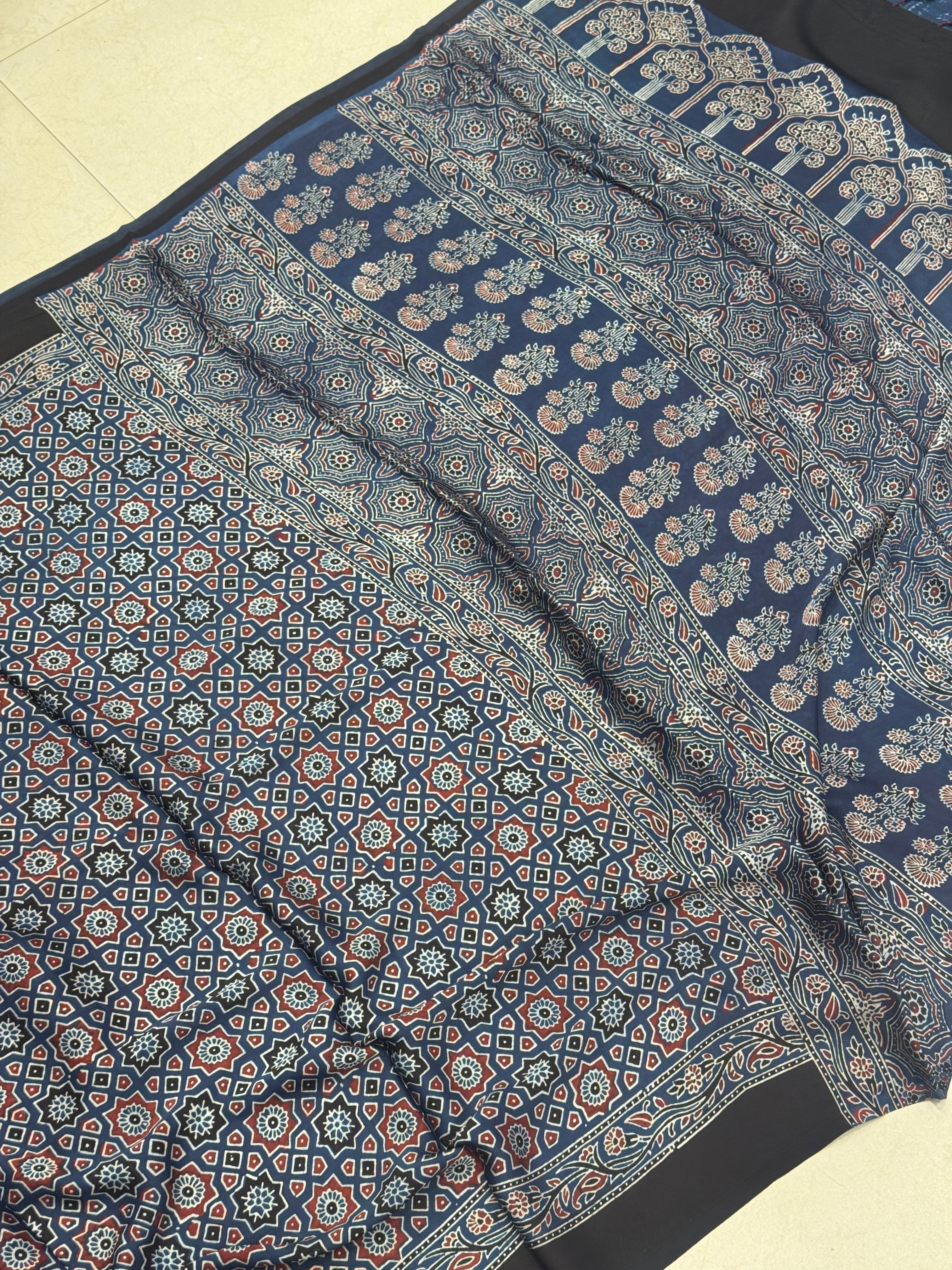 Blue Star Buttas Hand Block Print Ajrkah Pure Gajji Silk Saree