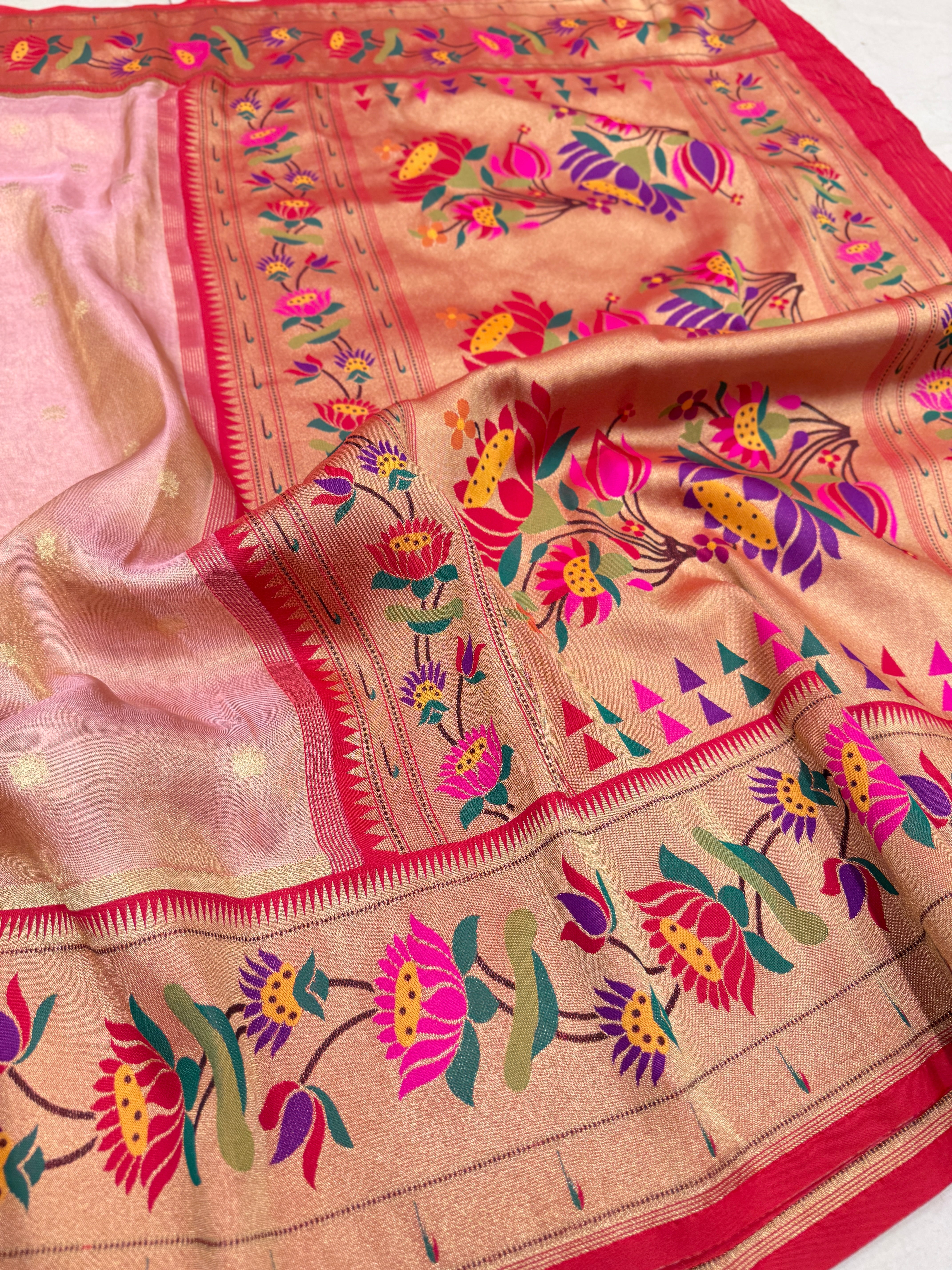Pink Tissue Paithani Lotus Border Saree