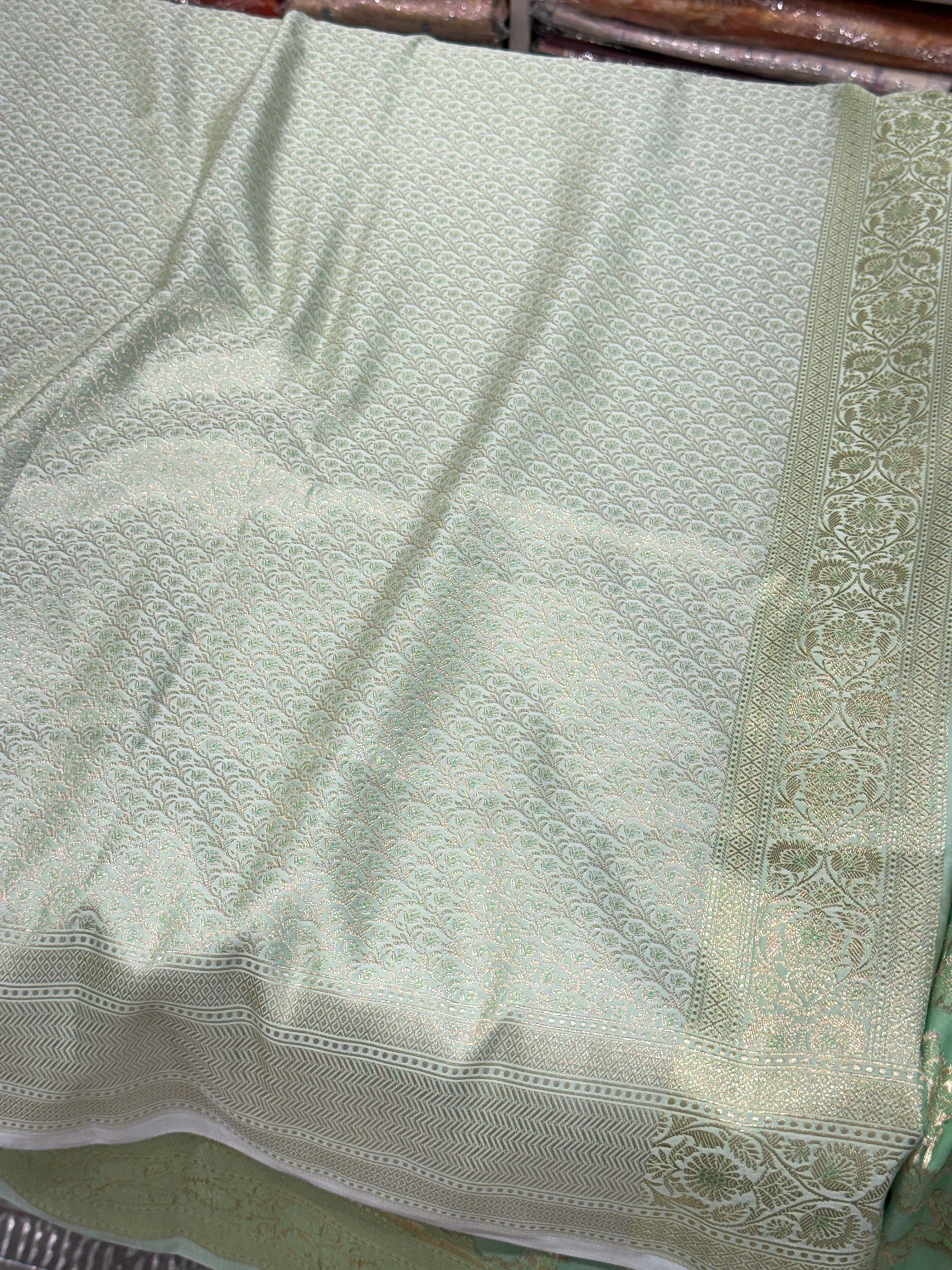 Pista Green Jasmine Jaal Banarasi Silk Saree