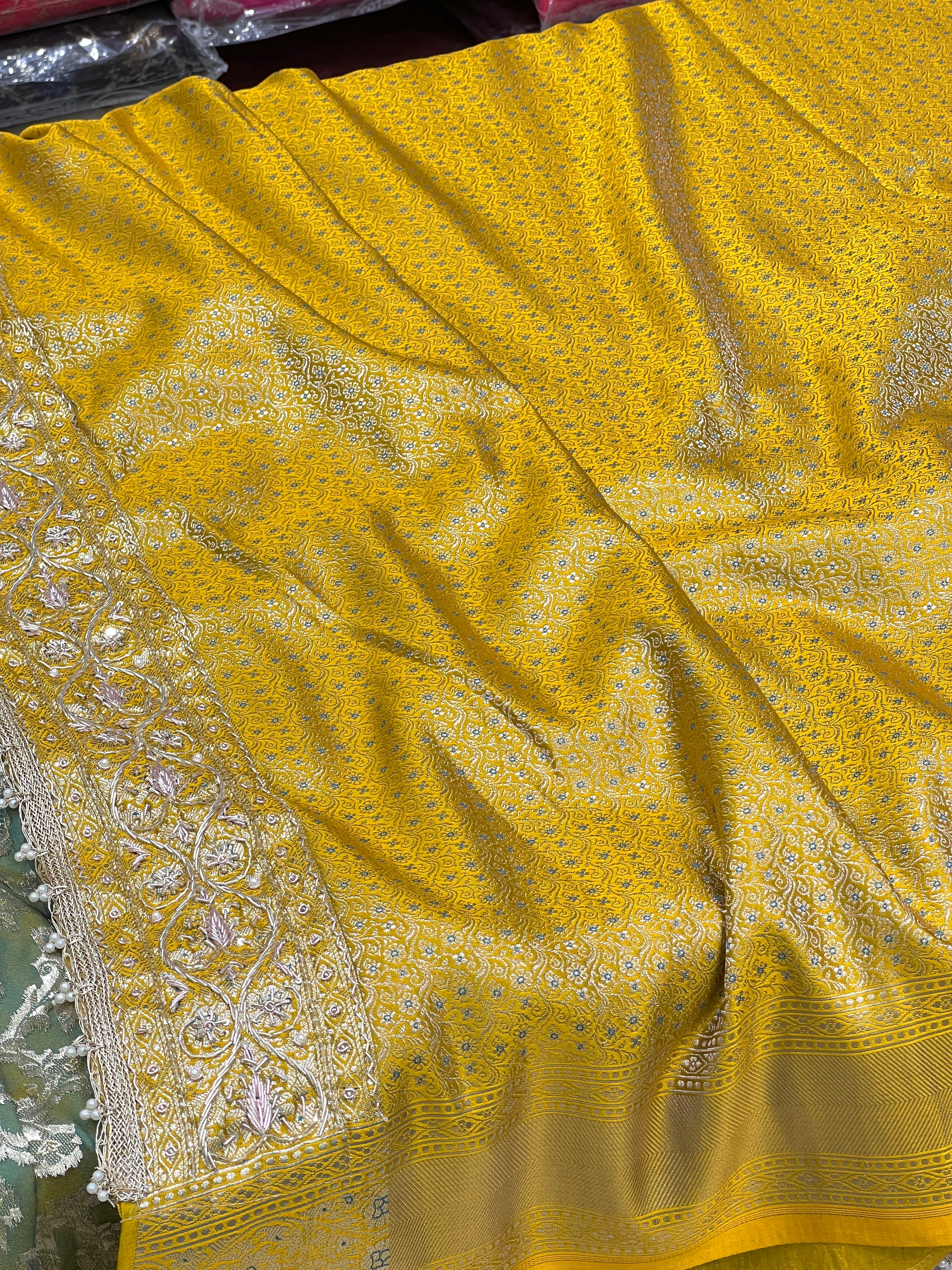 Greenish Yellow Banarasi Silk Periwinkle Zardozi Saree