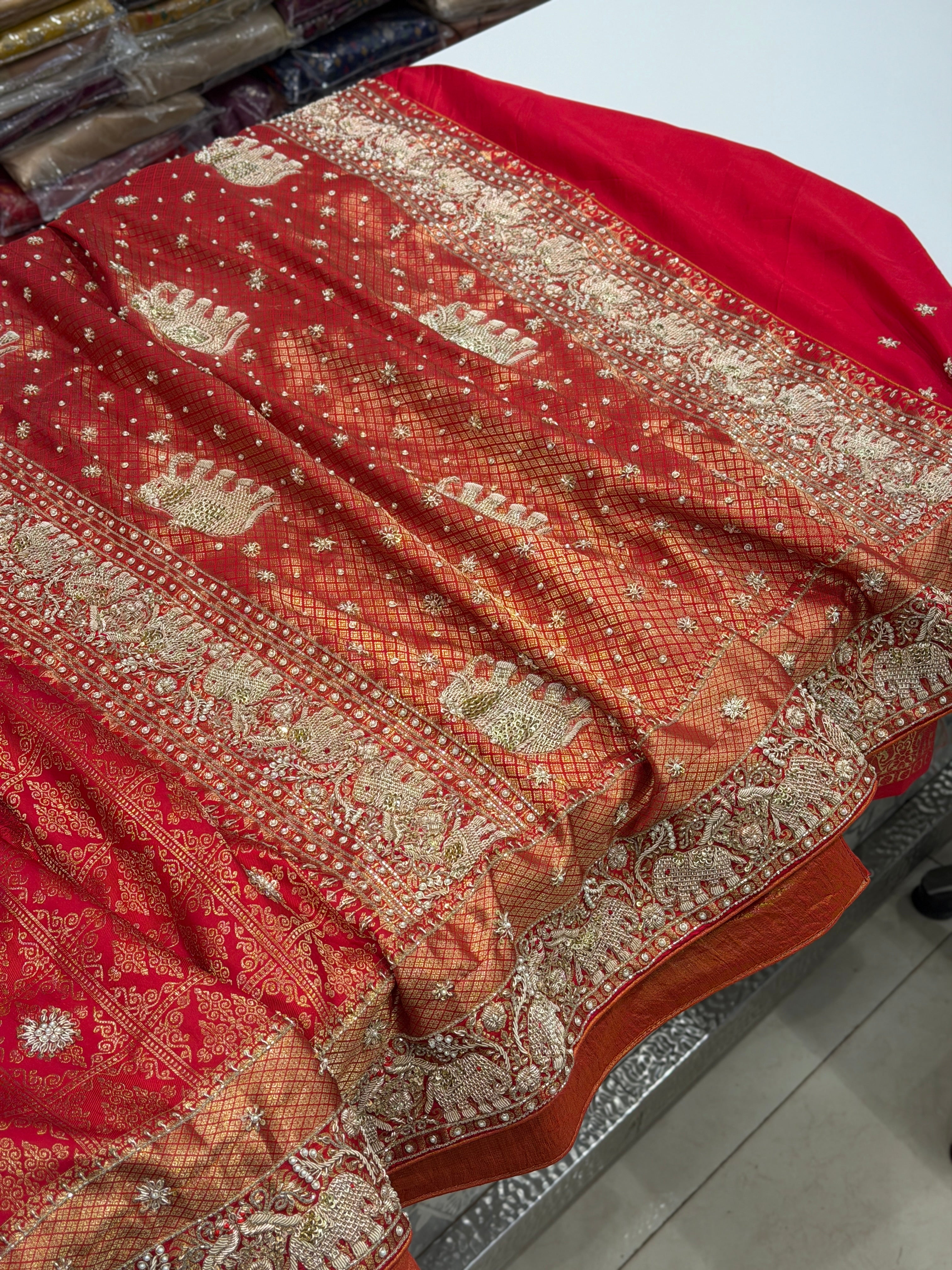 Red Pure Silk Kanjivaram Elephant Motif Hand Embroidery Saree