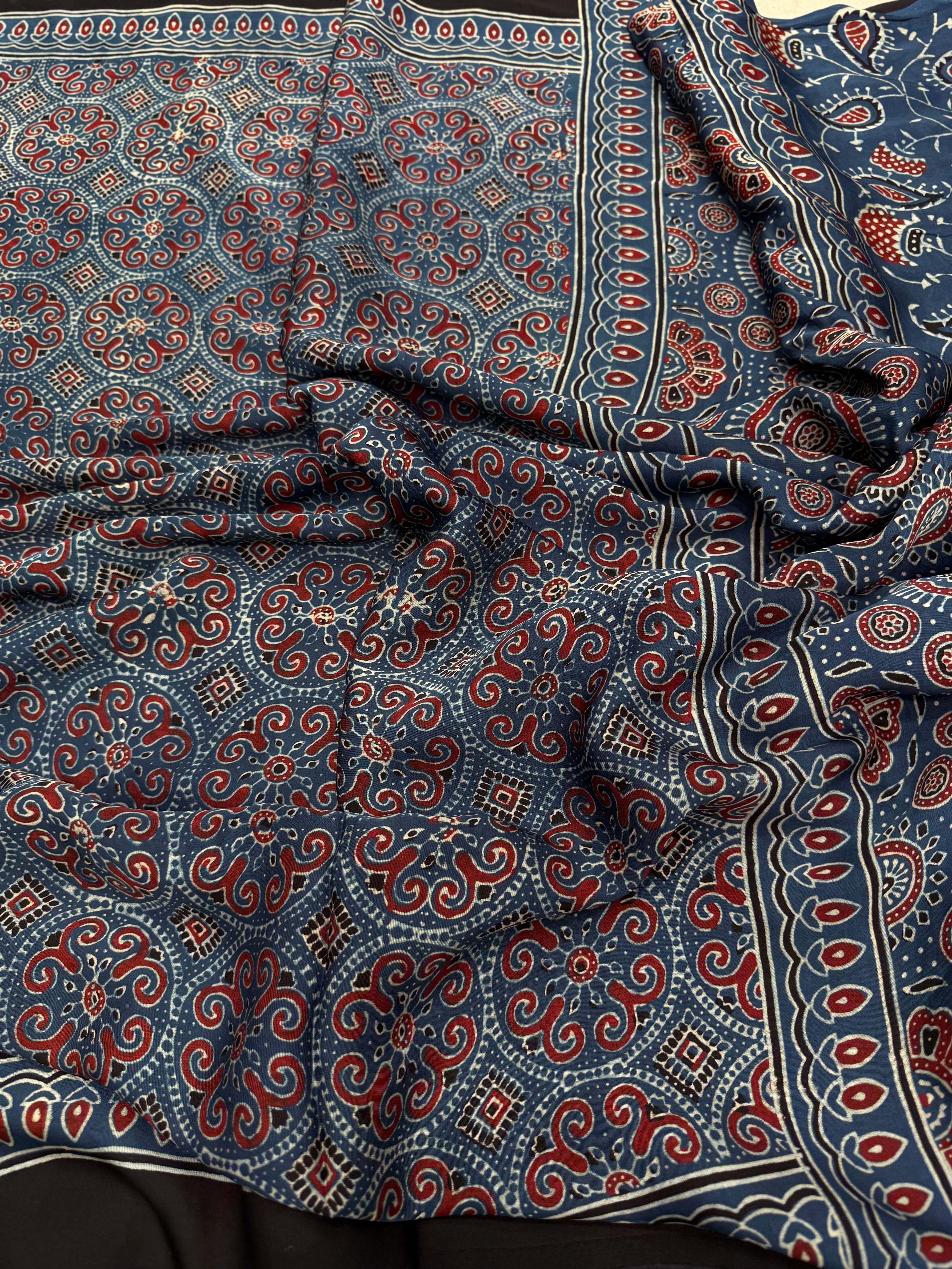 Blue Circle Badam Jaal Ajrakh Block Print Hand Pure Gajji Silk Saree