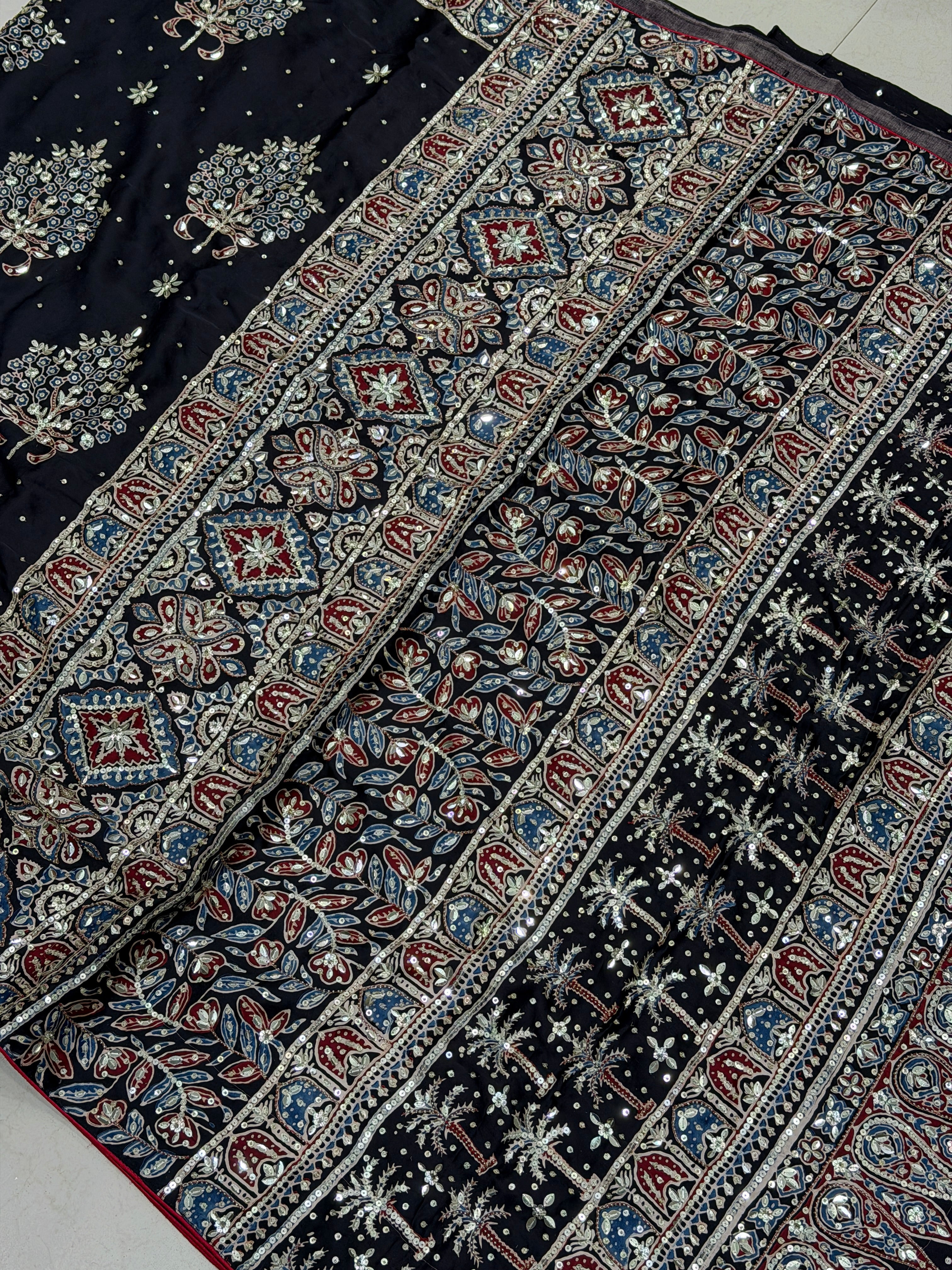Black Tree Buttas Ajrakh Sequin Moti Hand Embroidery Saree