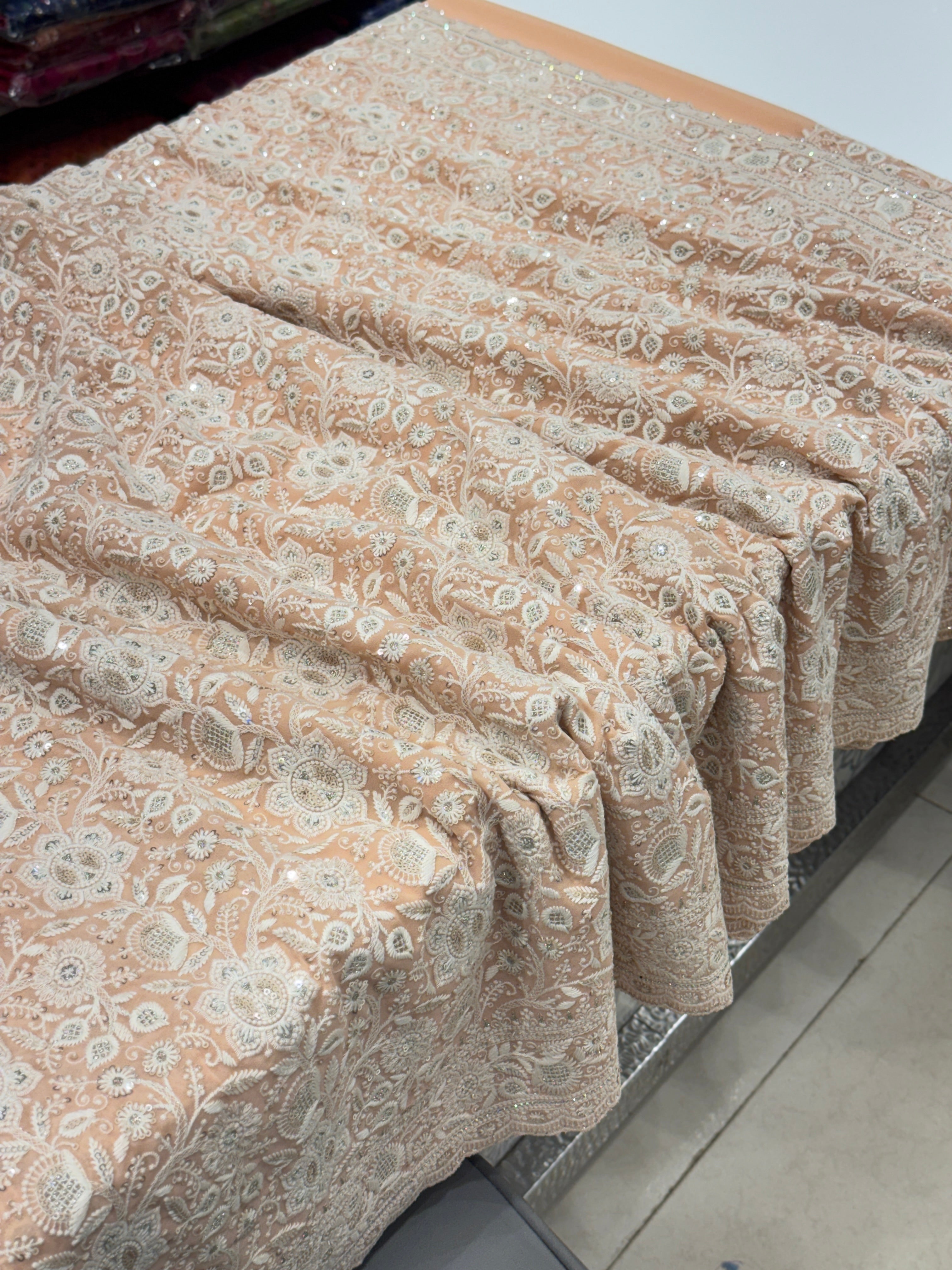 Peach Chikankari Small Scallop Design Saree