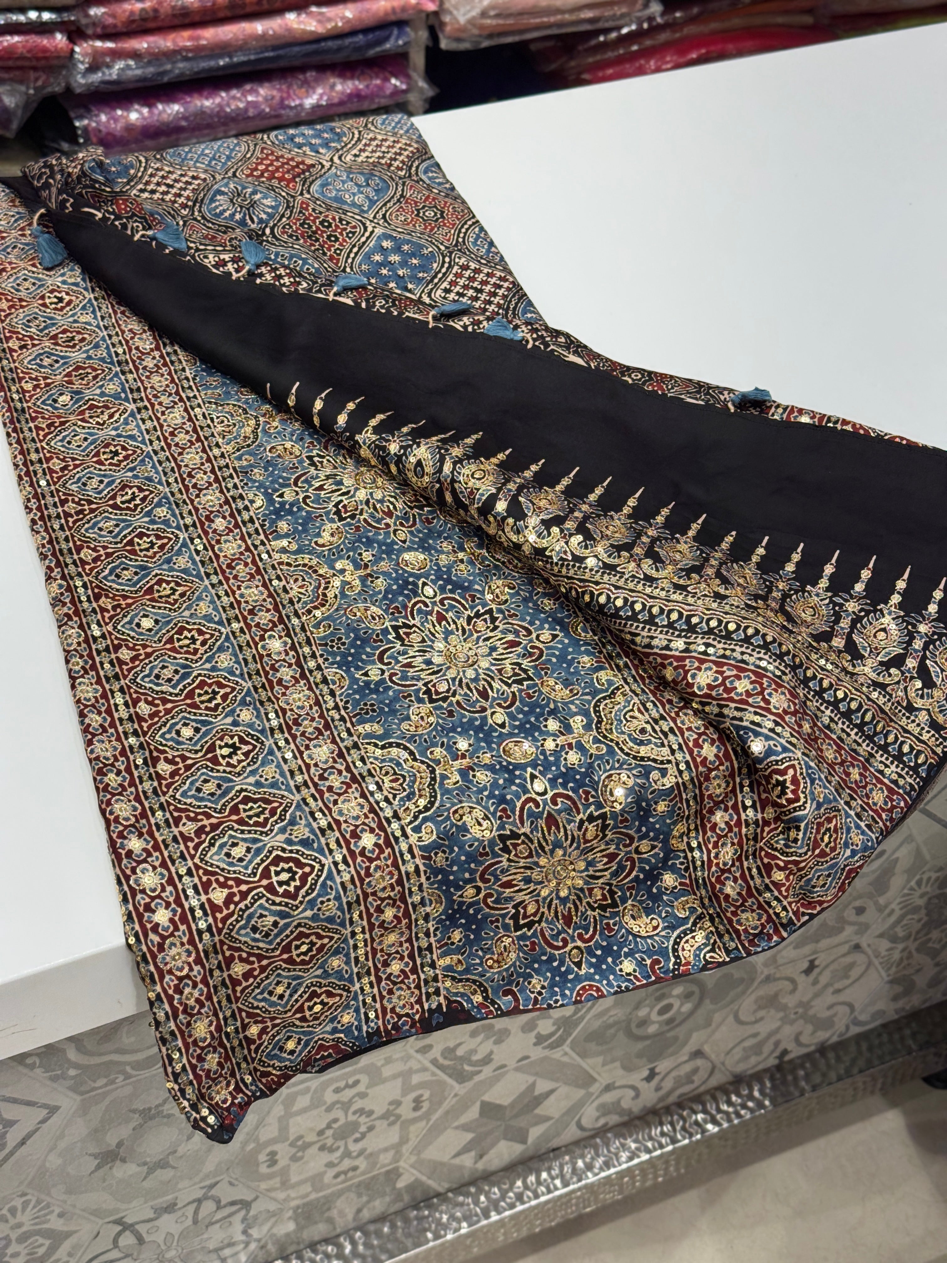 Blue Badam Abstract Jaal Pita Sequin Ajrakh Hand Embroidery Saree