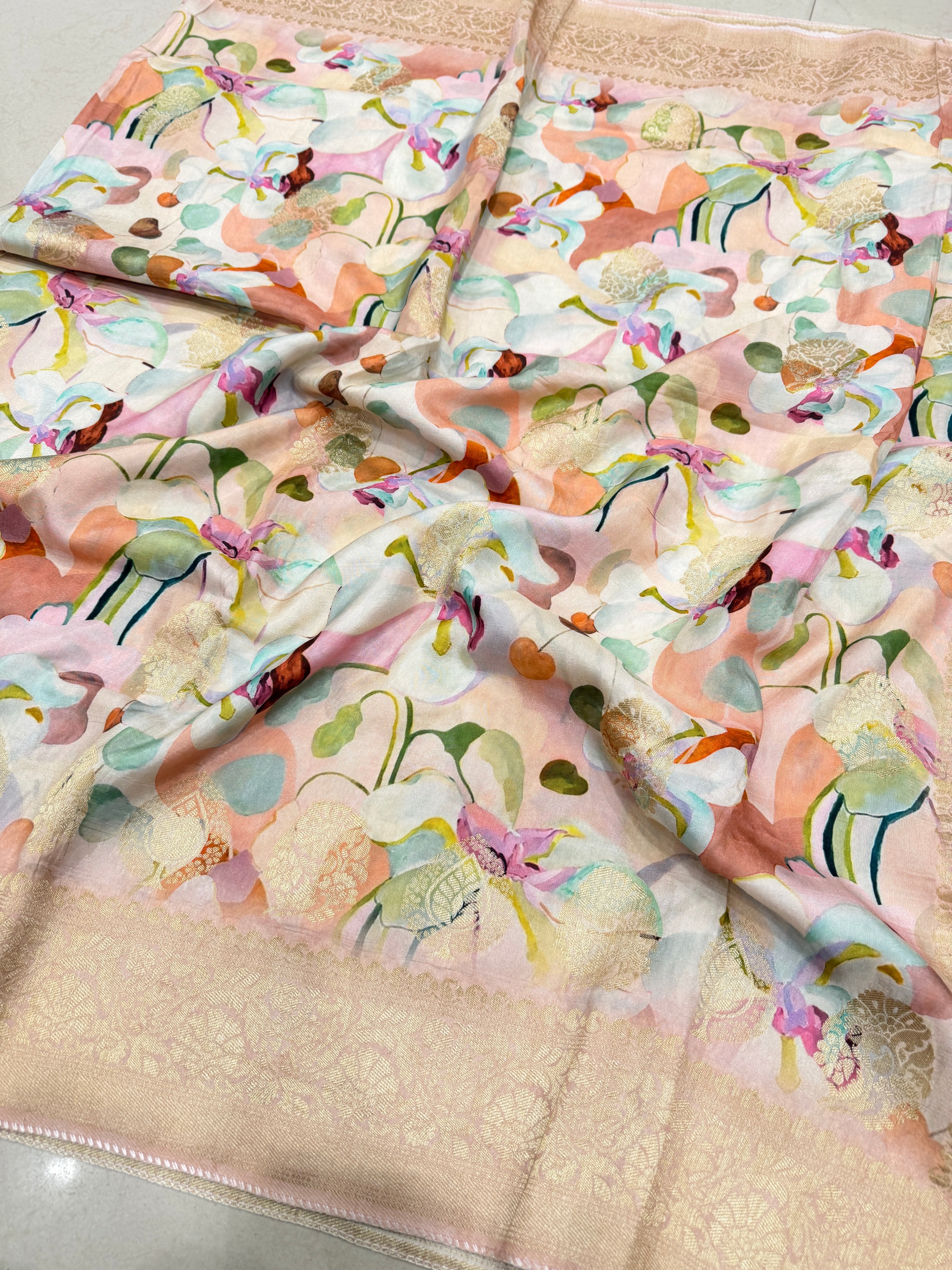 Pink Floral Multi Colour Print Munga Soft Silk Saree