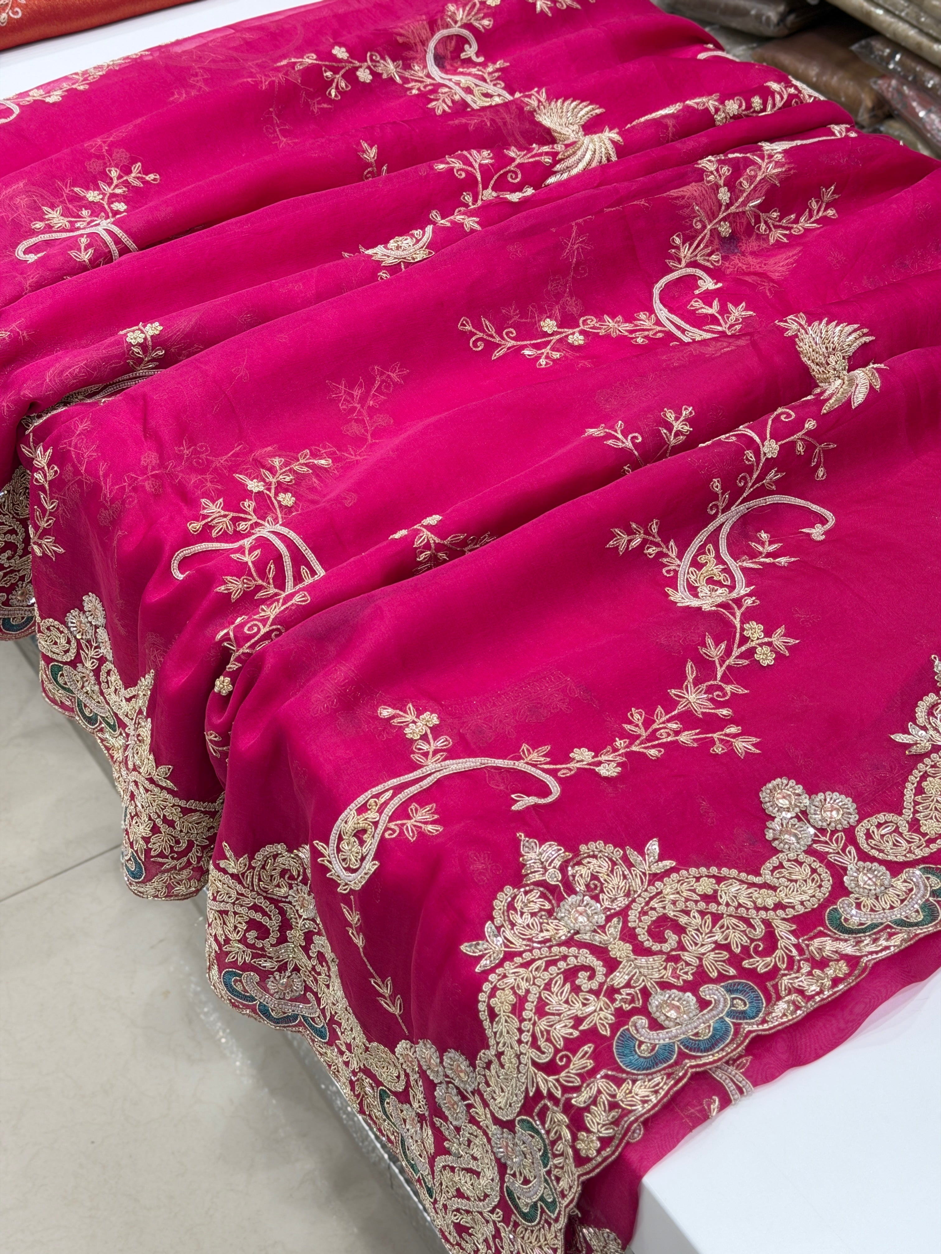 Rani Pink Organza Zardodi Phoneix Jaal Hand Embroidery Saree