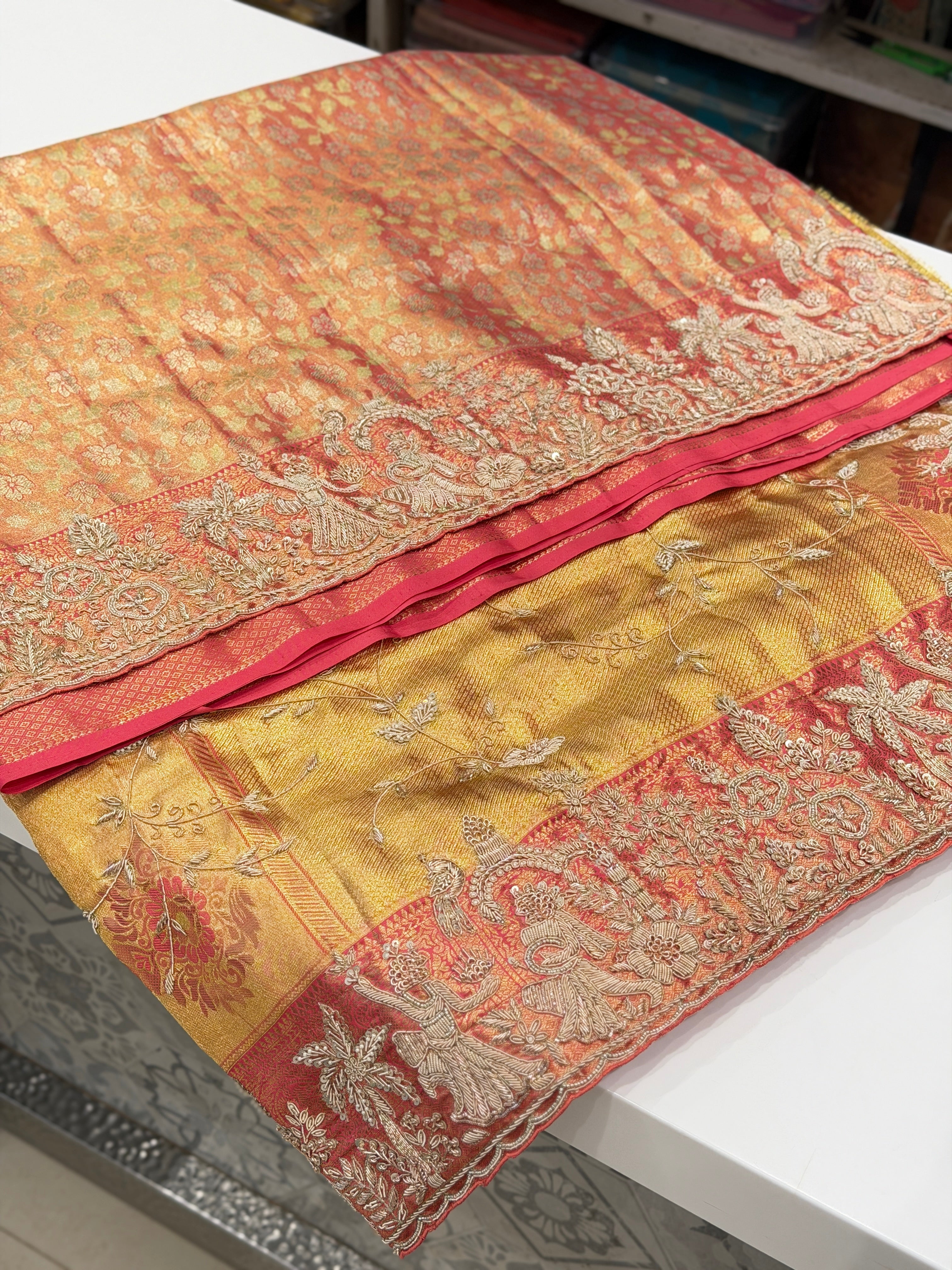 Rose Tissue Kanjivaram Zardosi Hand Embroidery Doli Edit Saree