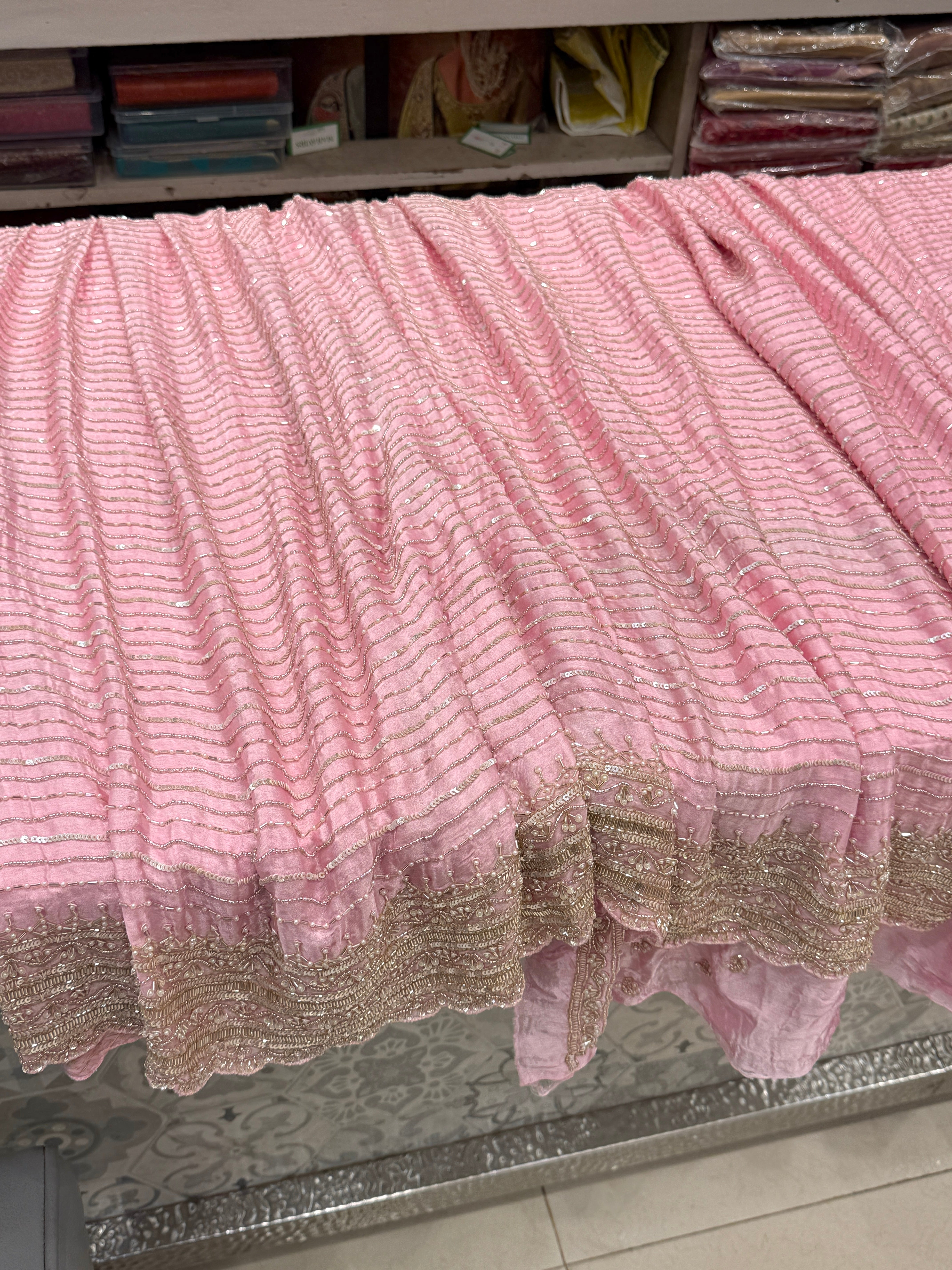 Pink Satin Crepe Moti MM inspired Hand Embroidery Saree