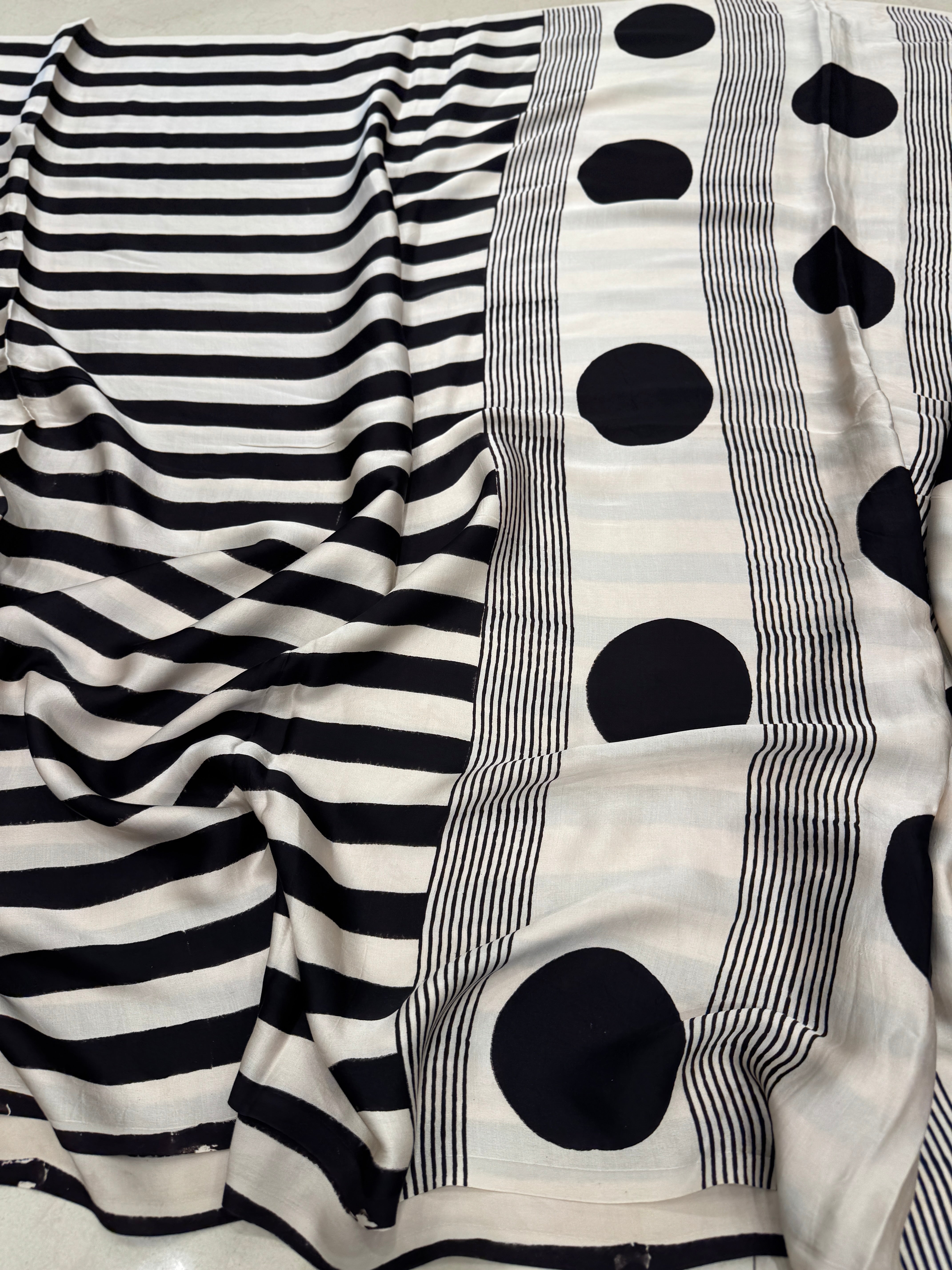 Black and White Contemporary Ajrakh Hand Block Print Pure Gajji Silk Saree