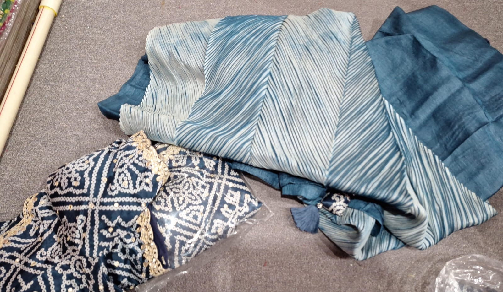 Blue Crushed Tussor with Ready Blouse Saree