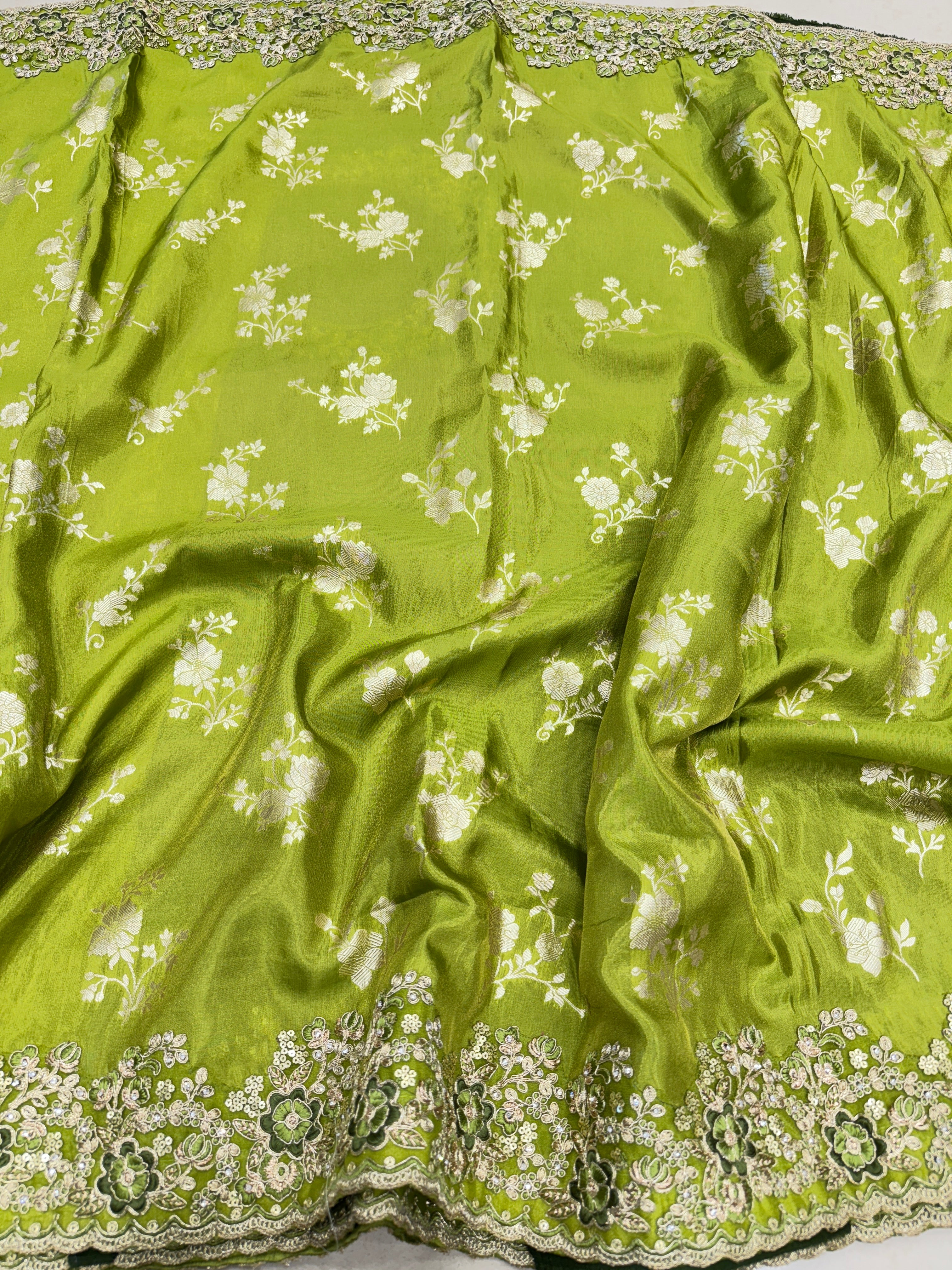 Green Crepe Tissue Embroidery Saree
