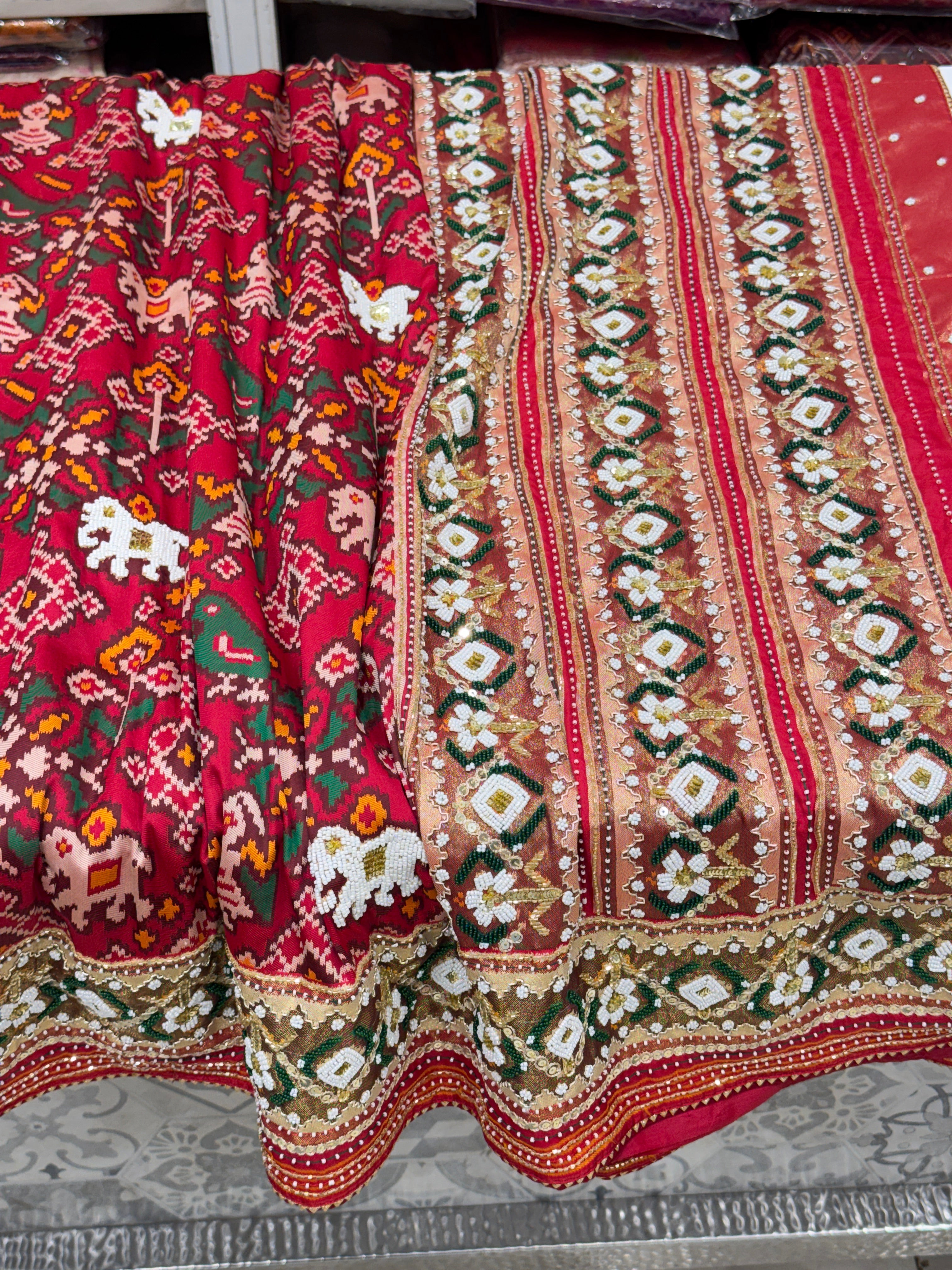 Red Patola Chhabdi Bhat Kidiya Moti Hand Embroidery Patola Saree