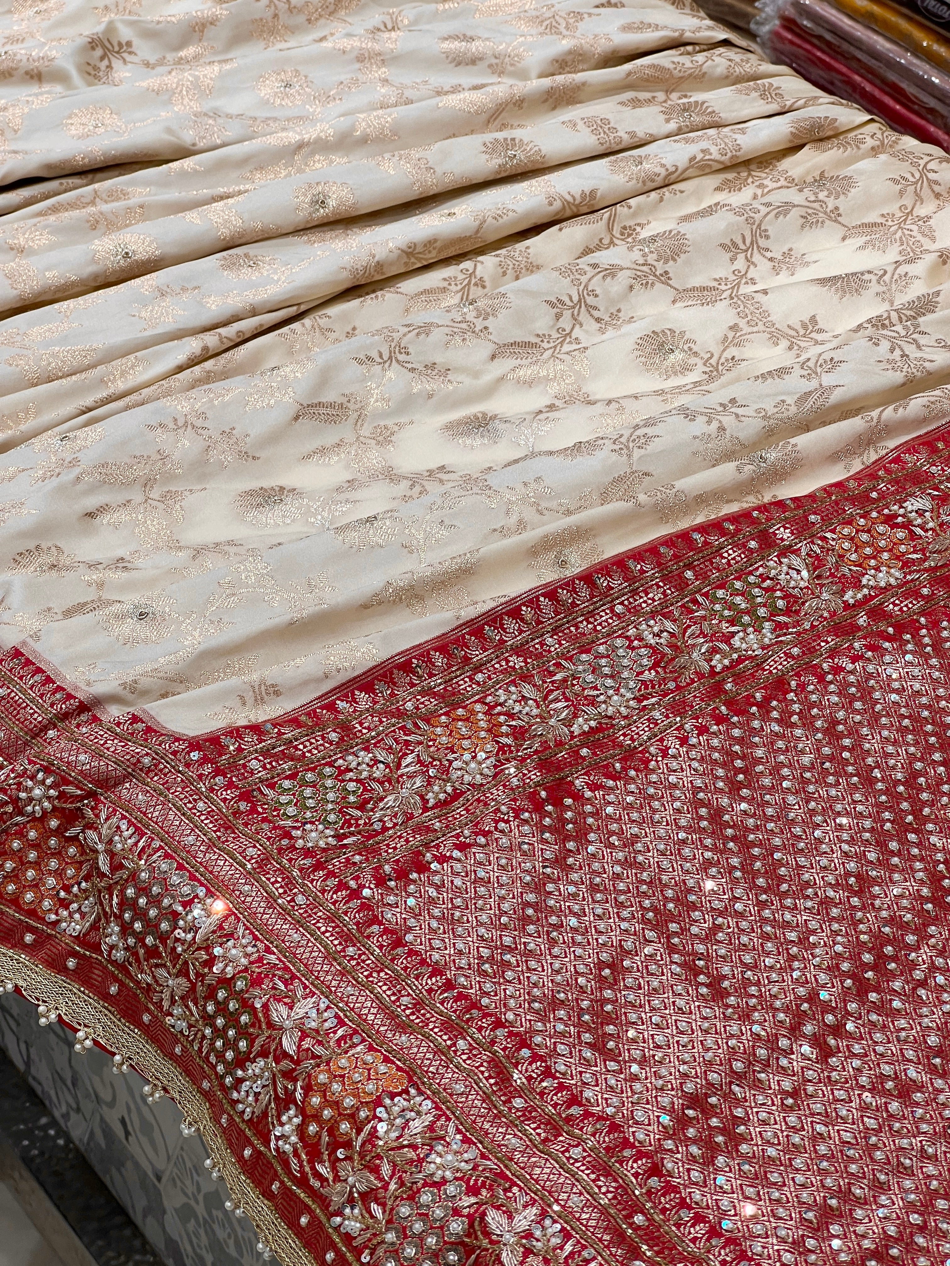 Beige Banarasi Red Meena Border Hand Embroidery Saree