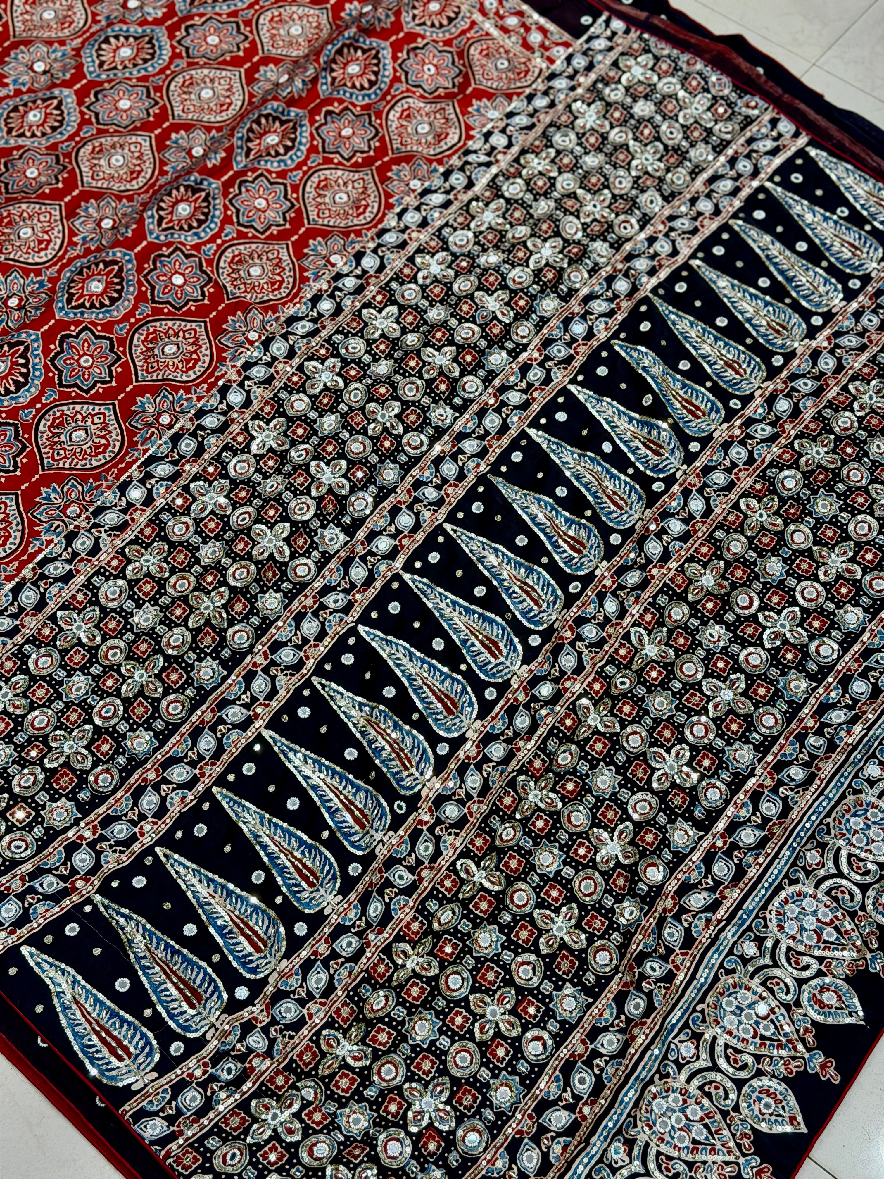 Red Black Badam Jaal Ajrakh Real Mirror Moti Sequin Hand Embroidery Saree